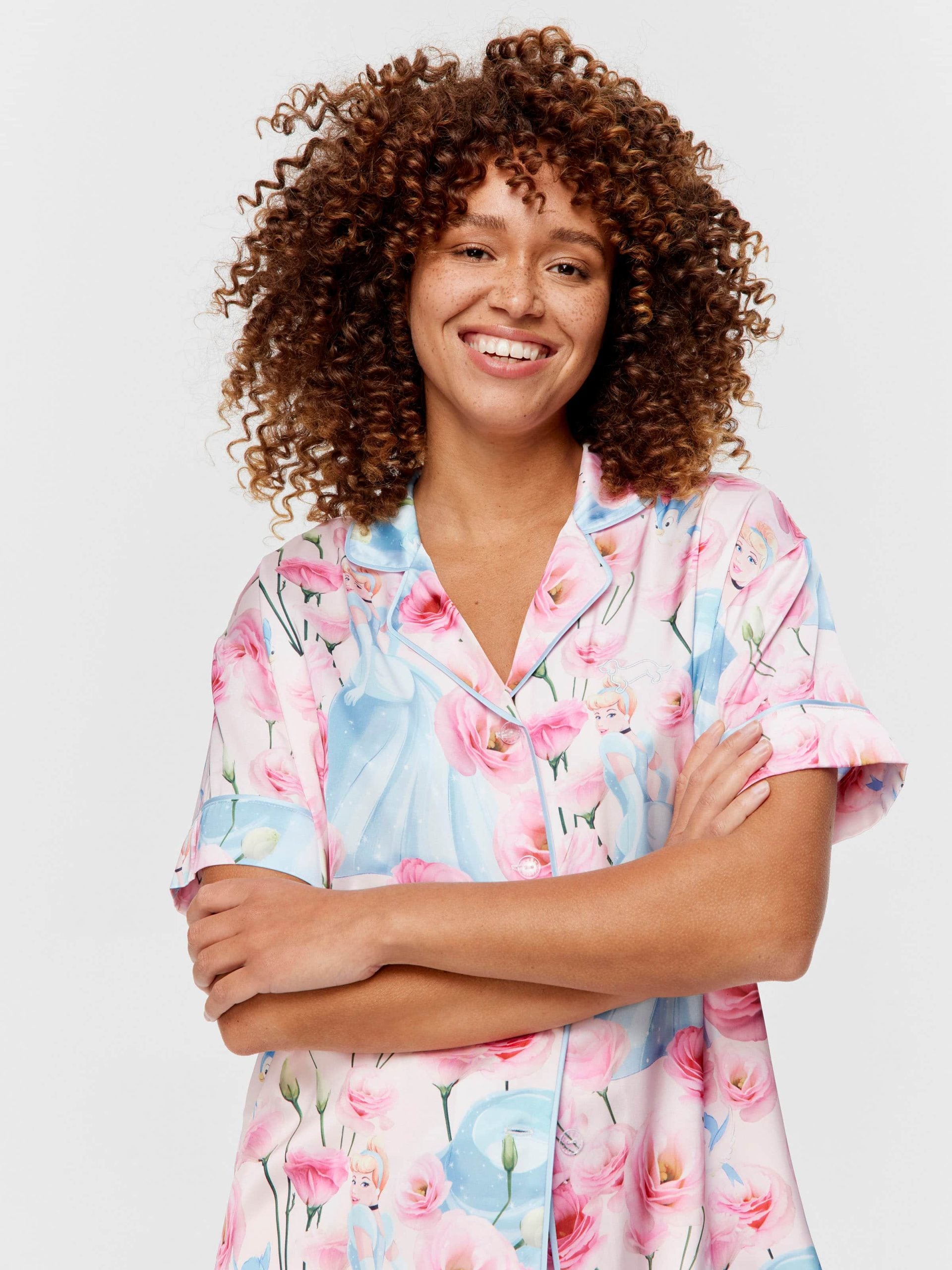 Disney Cinderella Rose Satin Short Sleeve &amp; Pant Pj Set Multi
