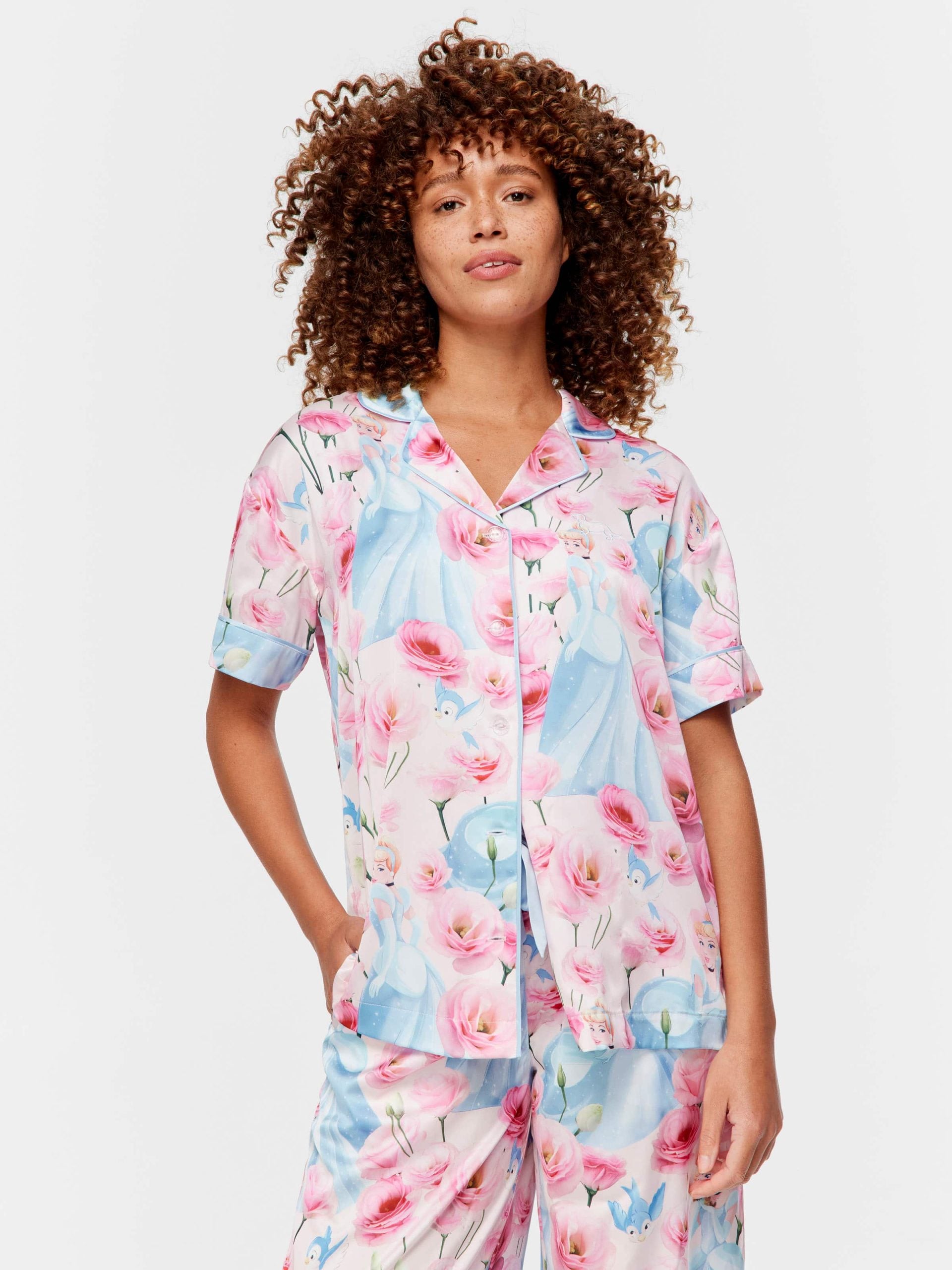 Disney Cinderella Rose Satin Short Sleeve &amp; Pant Pj Set Multi