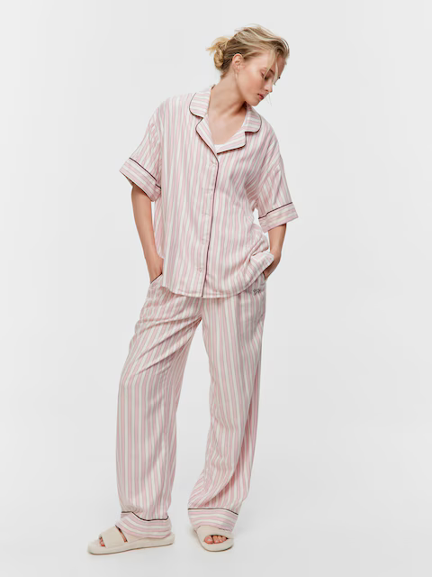 Pink Stripe Viscose Flannelette Short Sleeve Shirt