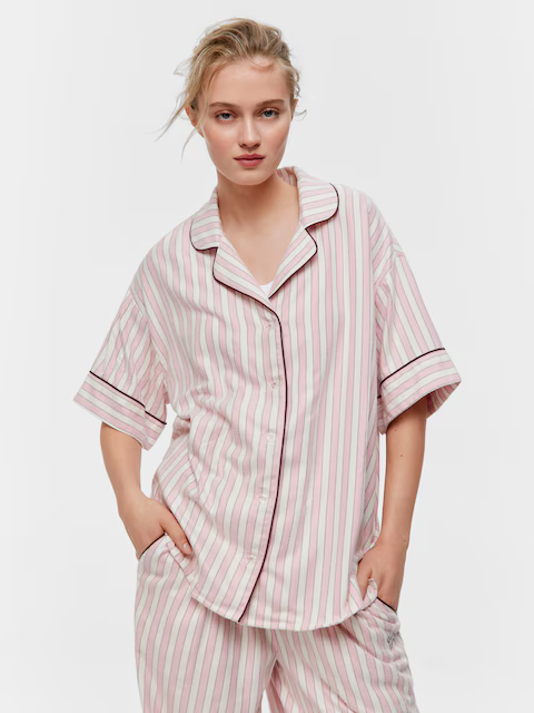 Pink Stripe Viscose Flannelette Short Sleeve Shirt