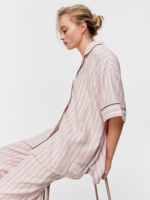 Pink Stripe Viscose Flannelette Short Sleeve Shirt