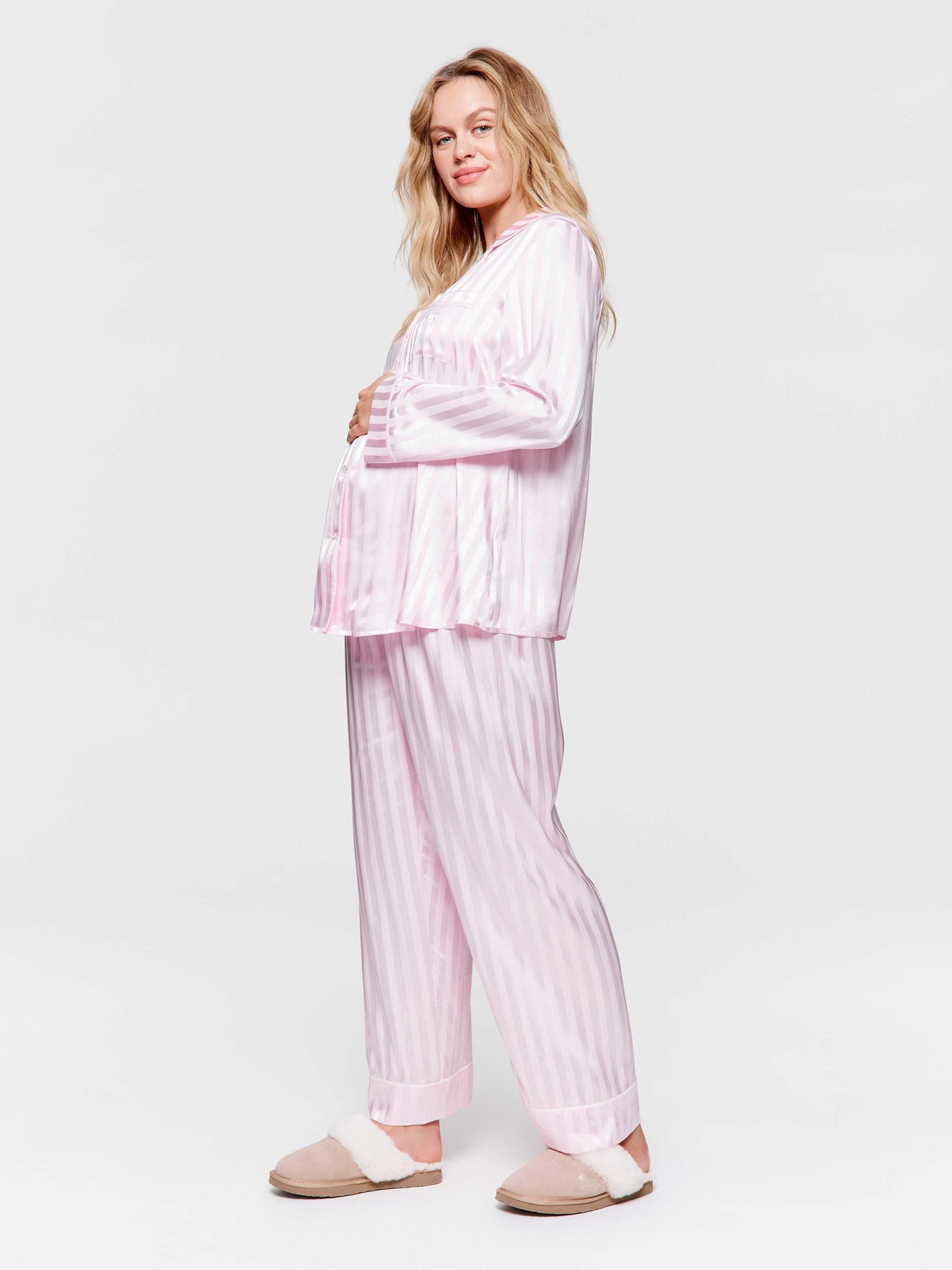Maternity Long Pink Stripe Chic Satin Pj Set Pink