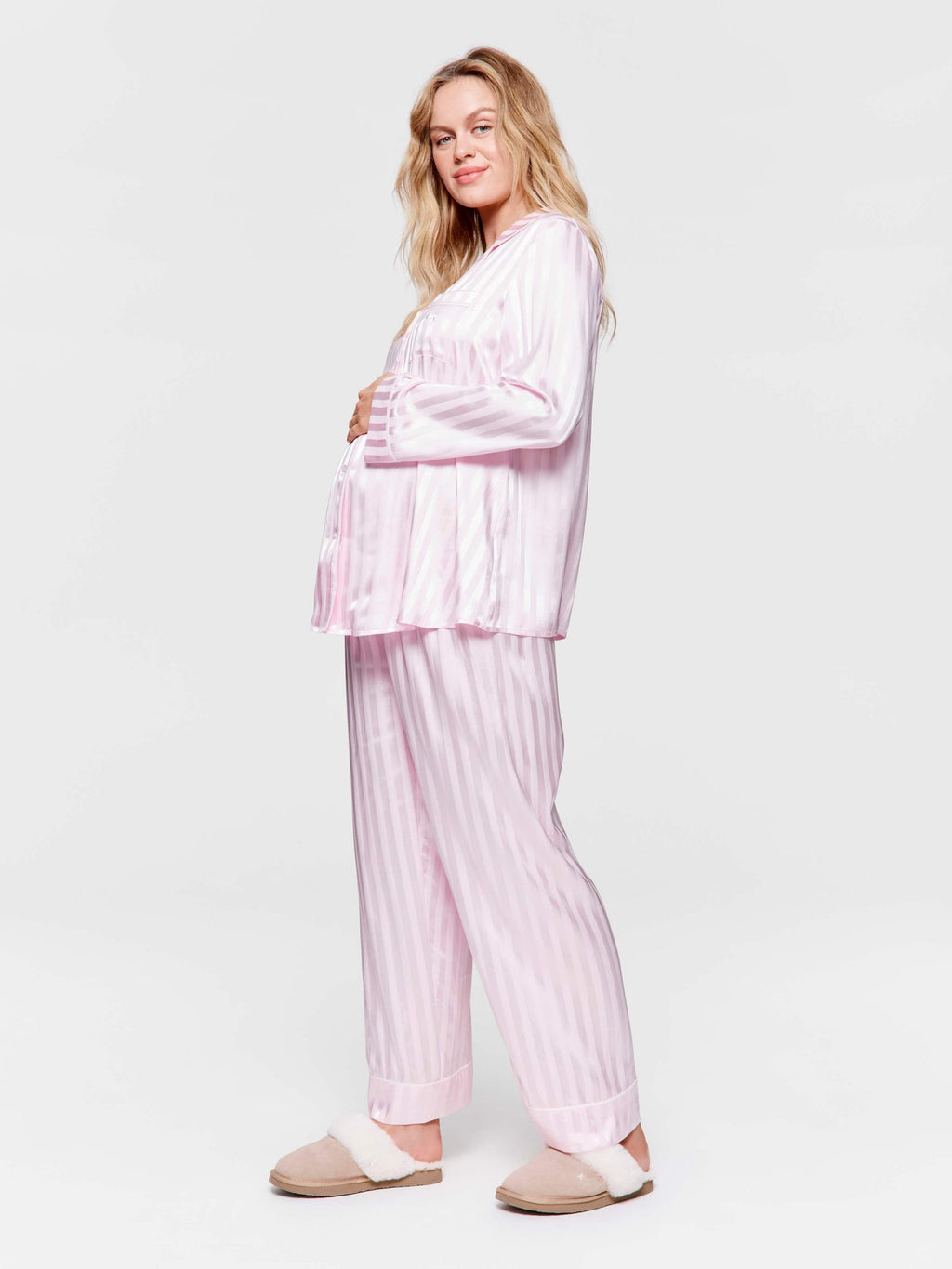 Maternity Long Pink Stripe Chic Satin Pj Set pink