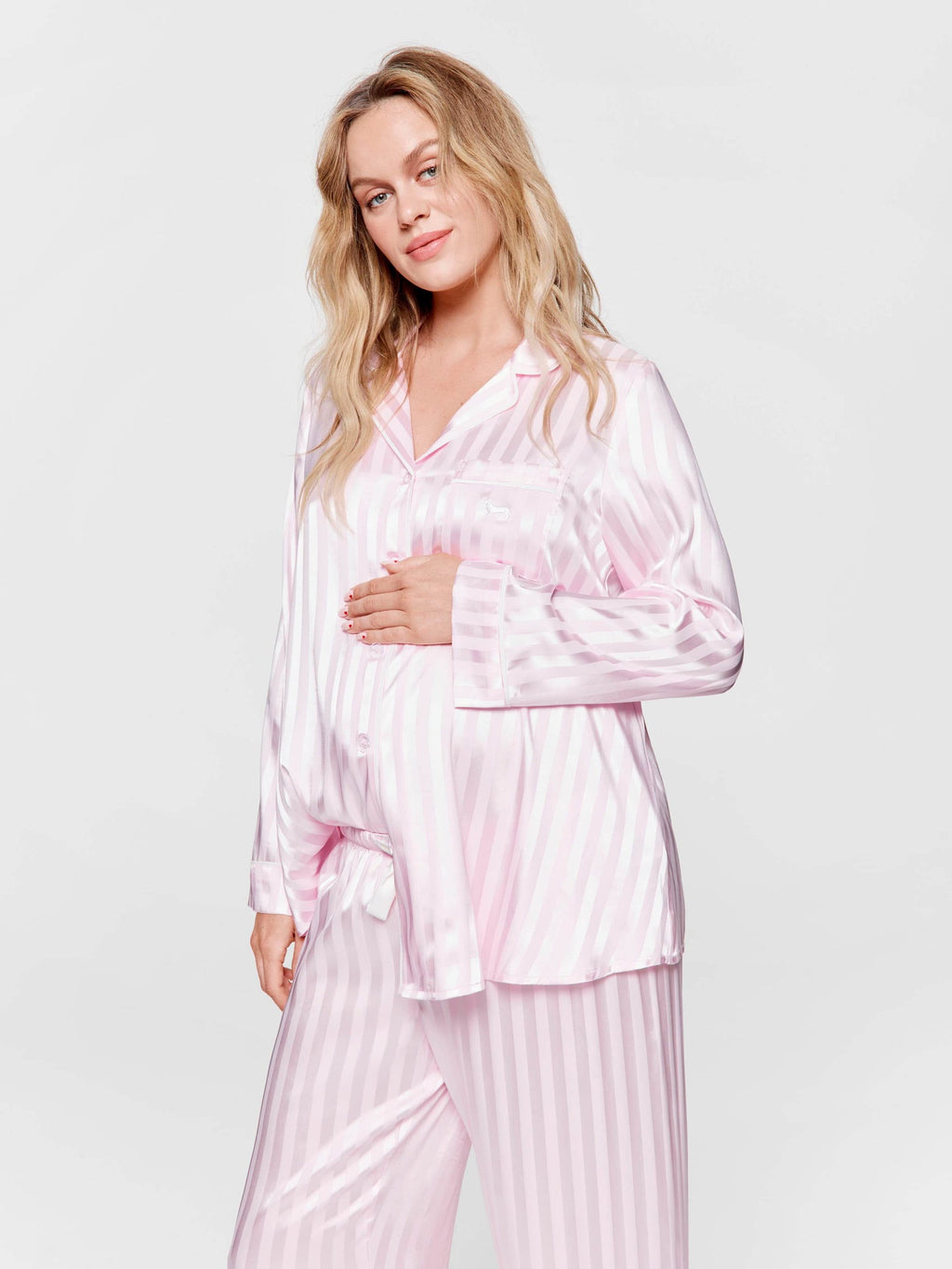 Maternity Long Pink Stripe Chic Satin Pj Set Pink