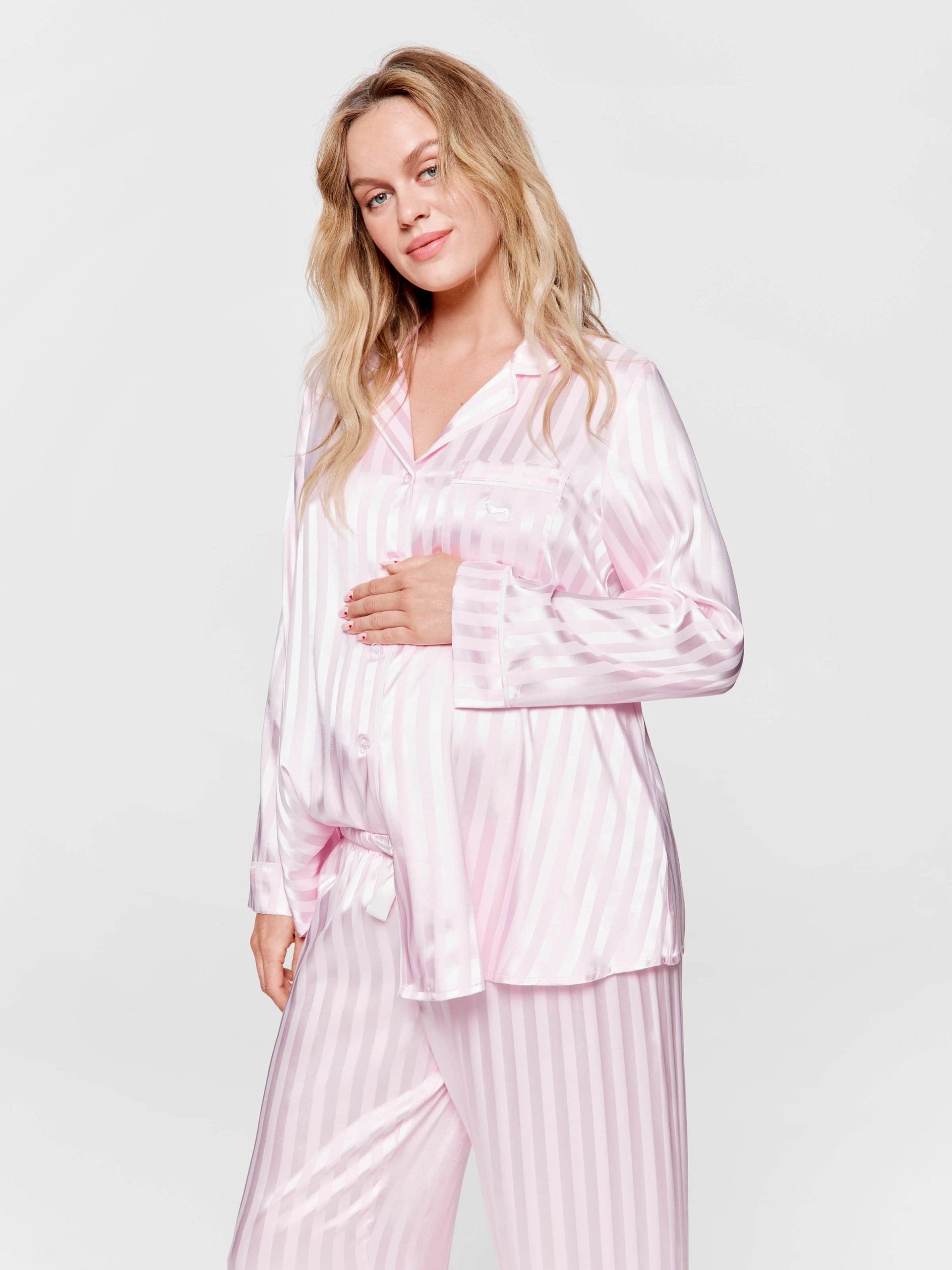 Maternity Long Pink Stripe Chic Satin Pj Set Pink