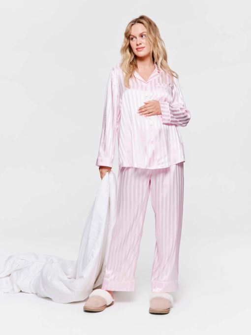 Maternity Long Pink Stripe Chic Satin Pj Set Pink