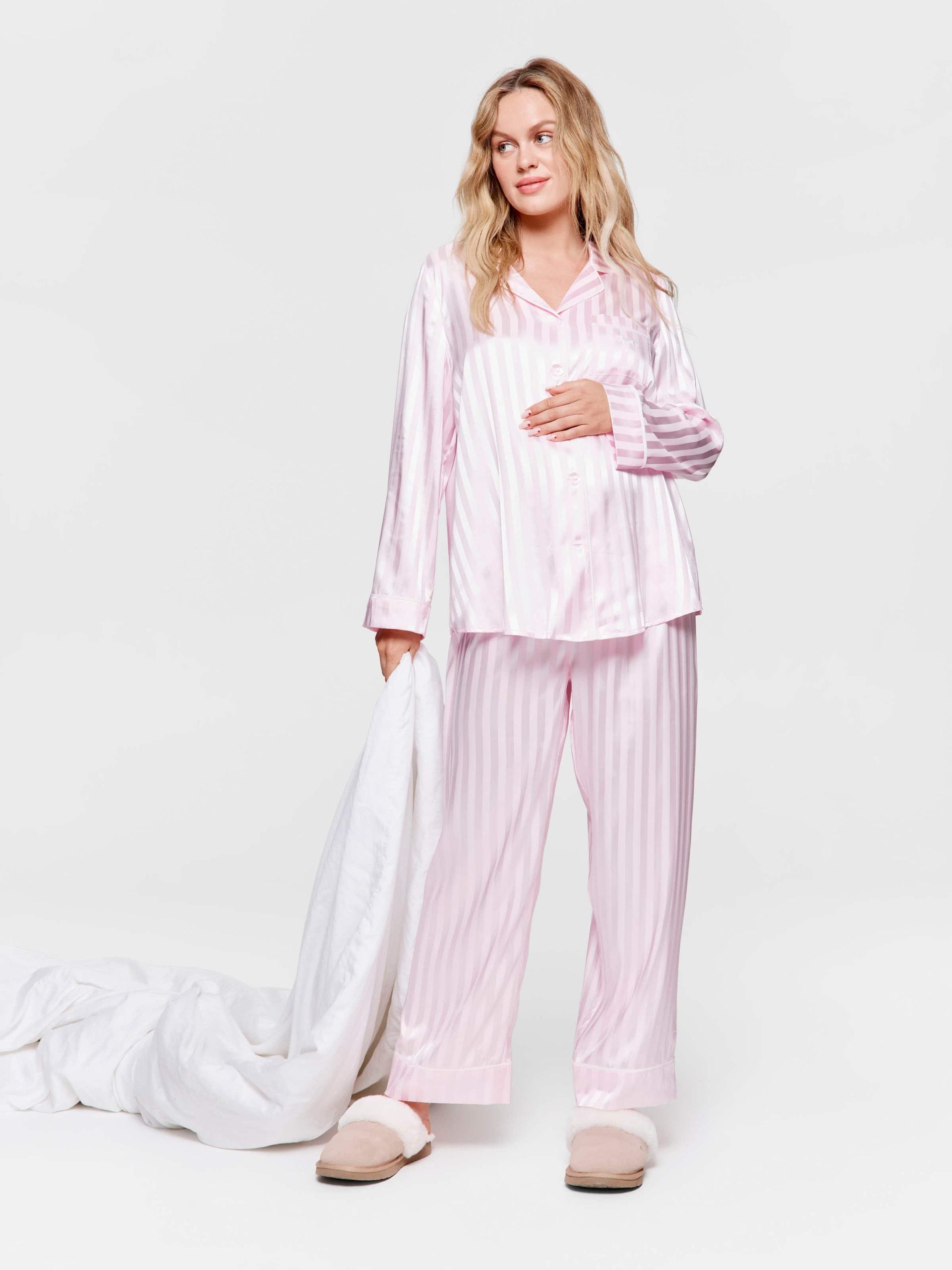 Maternity Long Pink Stripe Chic Satin Pj Set Pink