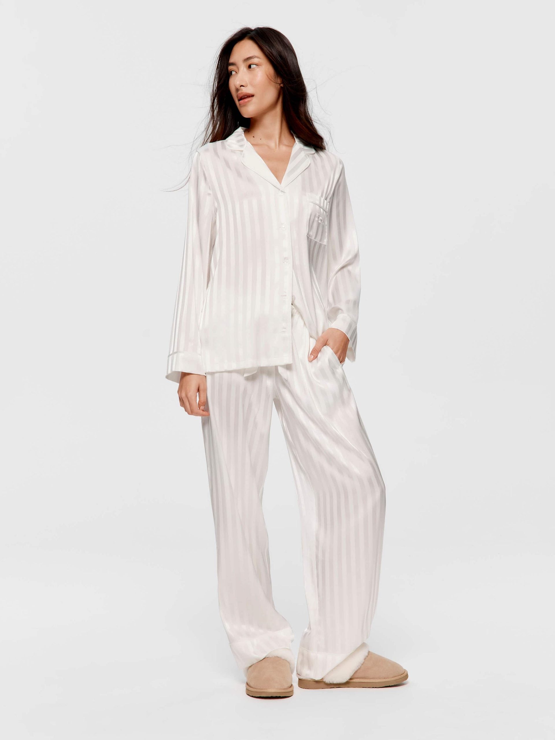 White Stripe Chic Satin Long Sleeve Pj Set white