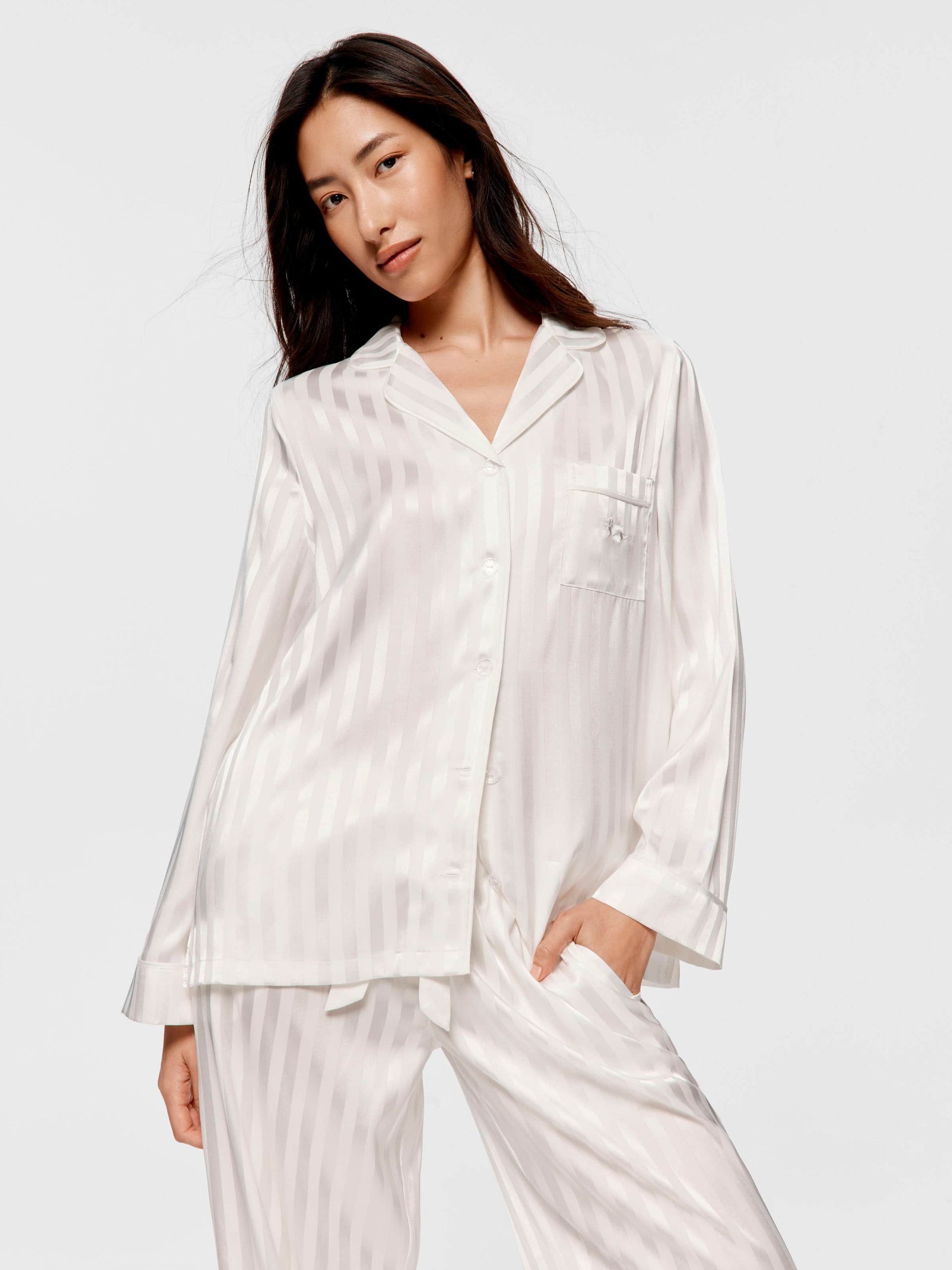 White Stripe Chic Satin Long Sleeve Pj Set white