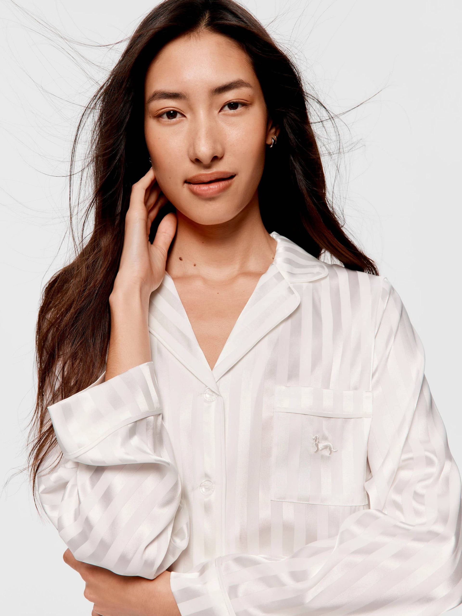 White Stripe Chic Satin Long Sleeve Pj Set white