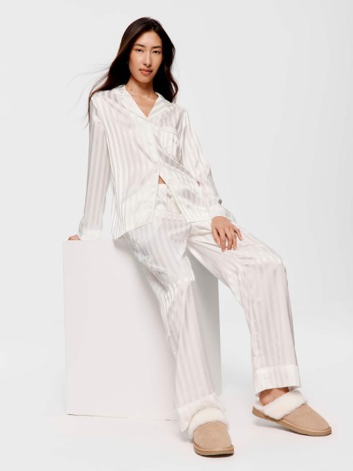 White Stripe Chic Satin Long Sleeve Pj Set white