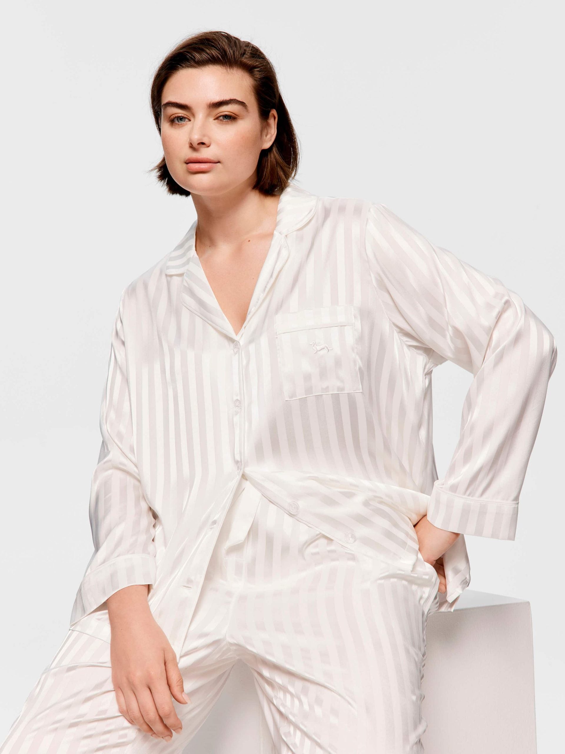 P.A. Plus White Stripe Chic Satin Long Sleeve Pj Set White