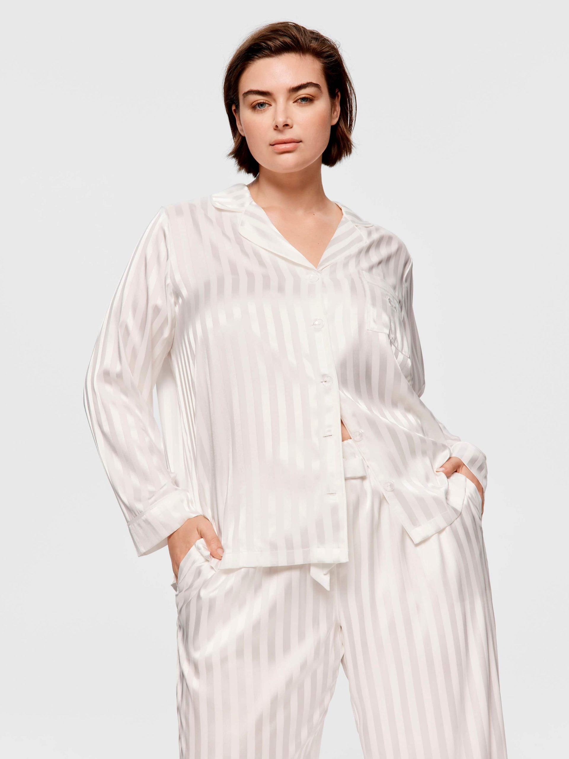 P.A. Plus White Stripe Chic Satin Long Sleeve Pj Set White