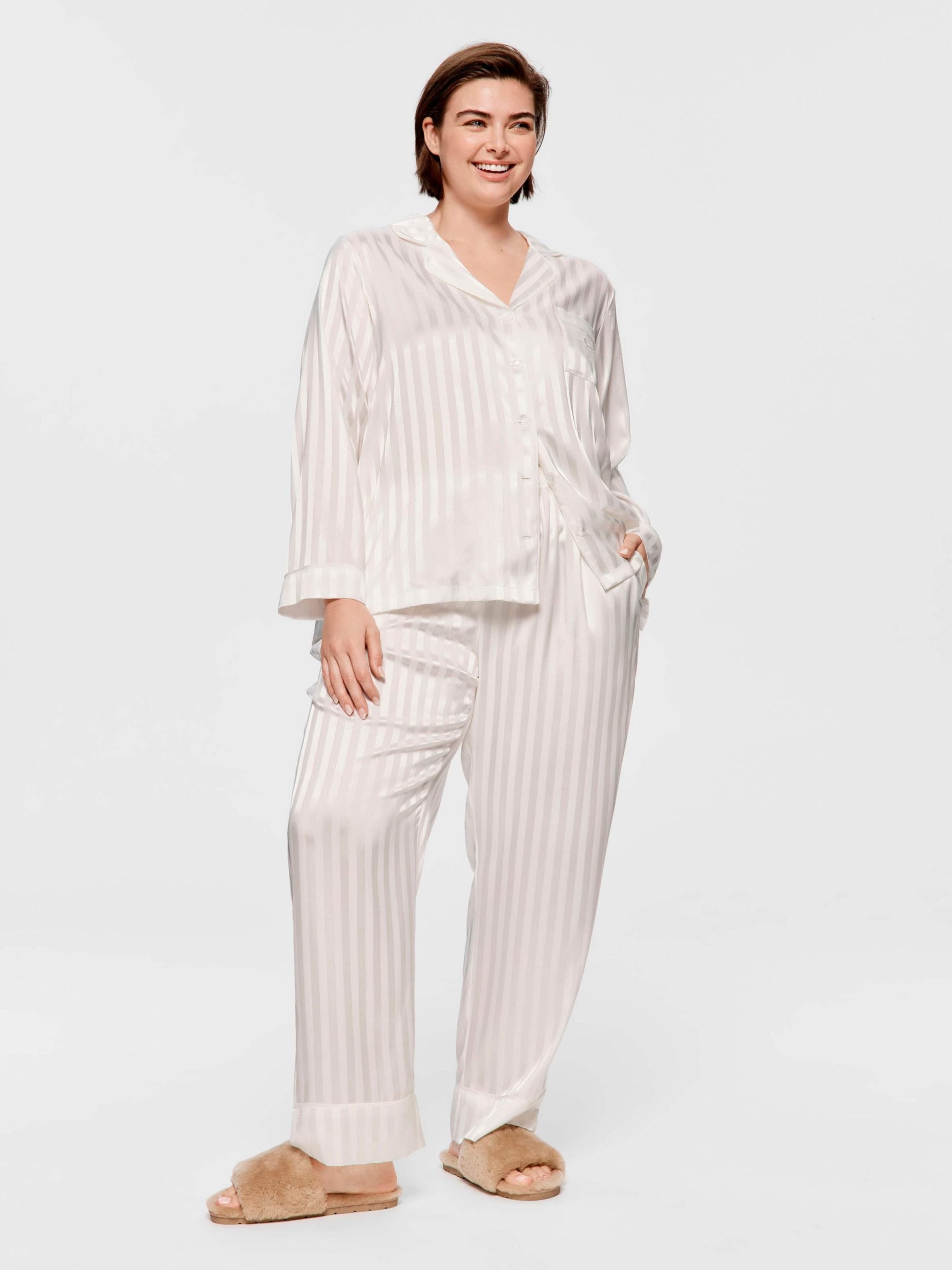 P.A. Plus White Stripe Chic Satin Long Sleeve Pj Set White
