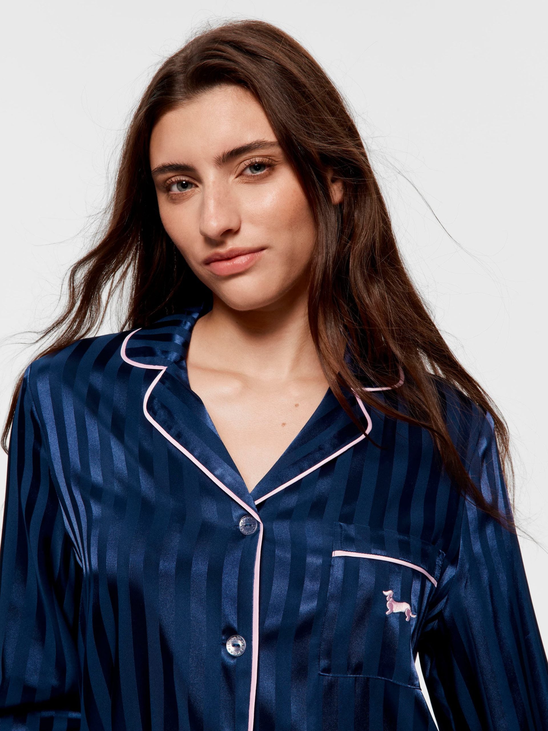 Navy Stripe Chic Satin Long Sleeve Pj Set Navy Stripe