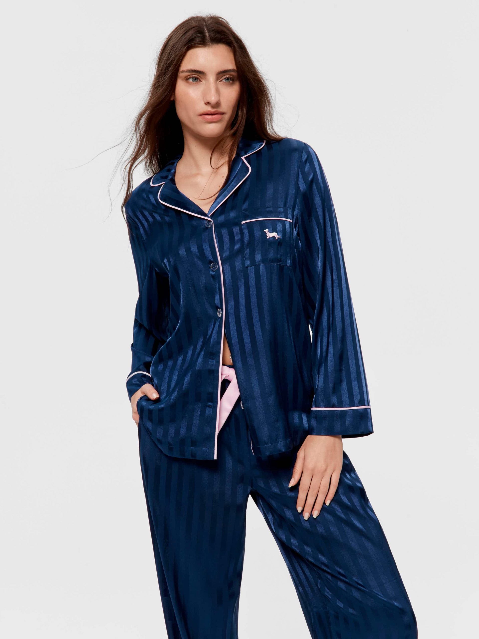Navy Stripe Chic Satin Long Sleeve Pj Set Navy Stripe