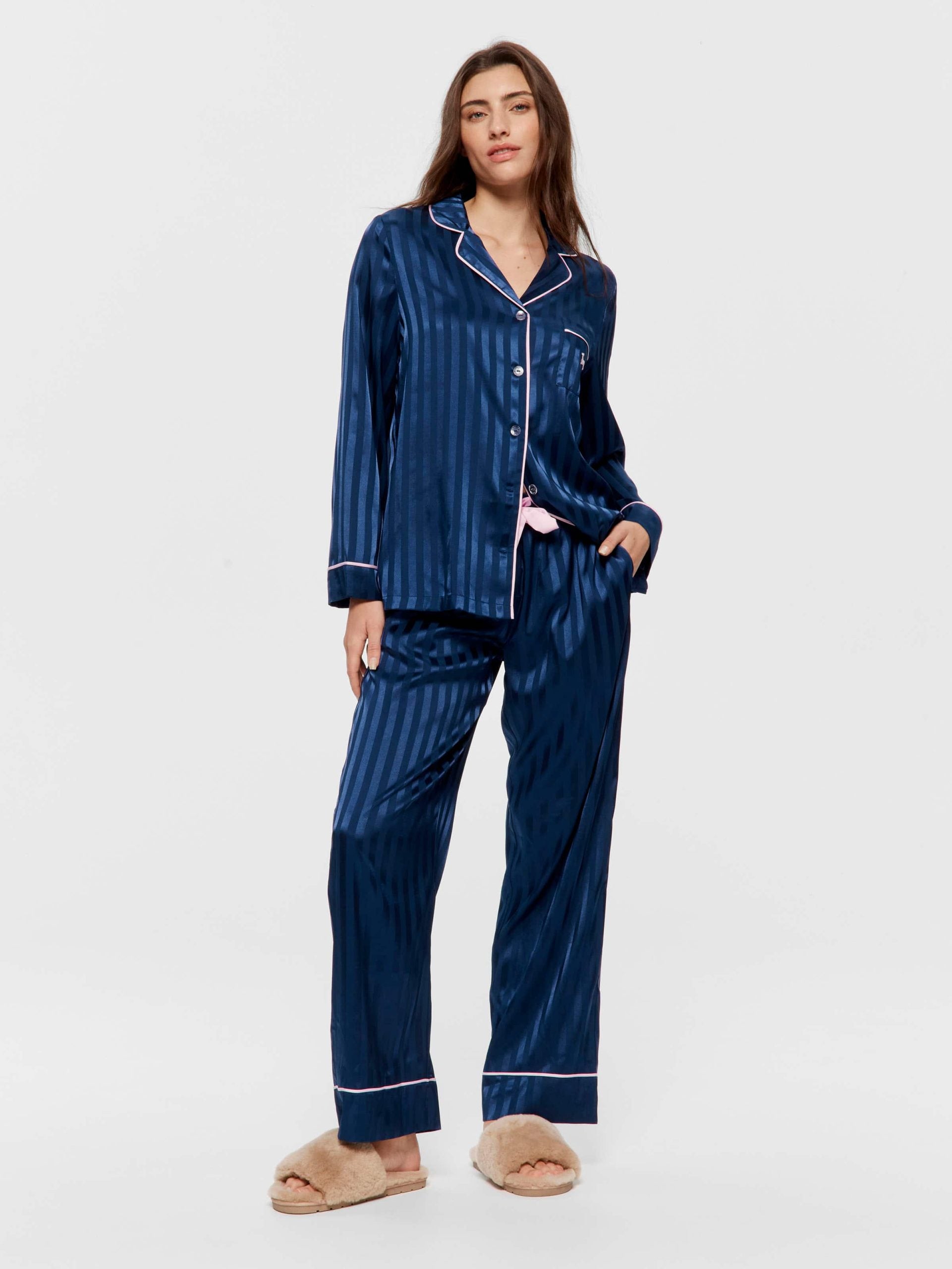 Navy Stripe Chic Satin Long Sleeve Pj Set Navy Stripe