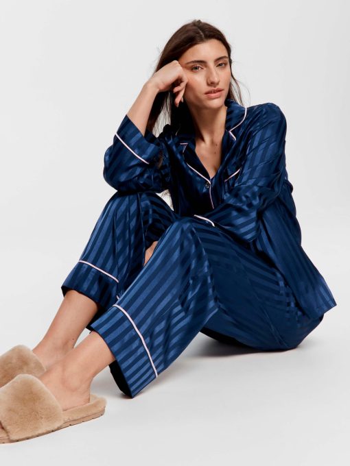 Navy Stripe Chic Satin Long Sleeve Pj Set Navy Stripe