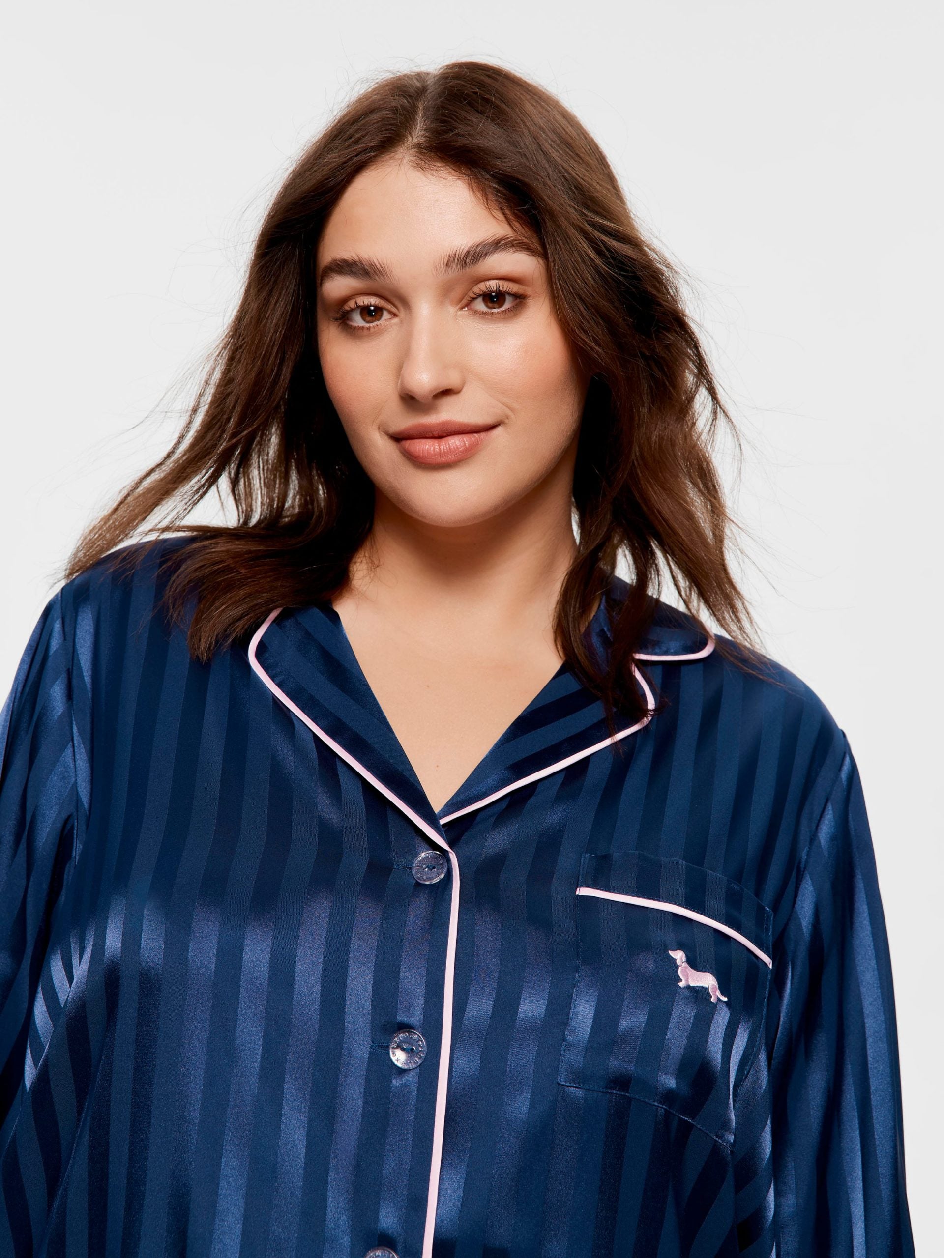 P.A. Plus Navy Stripe Chic Satin Long Sleeve Pj Set Navy Stripe