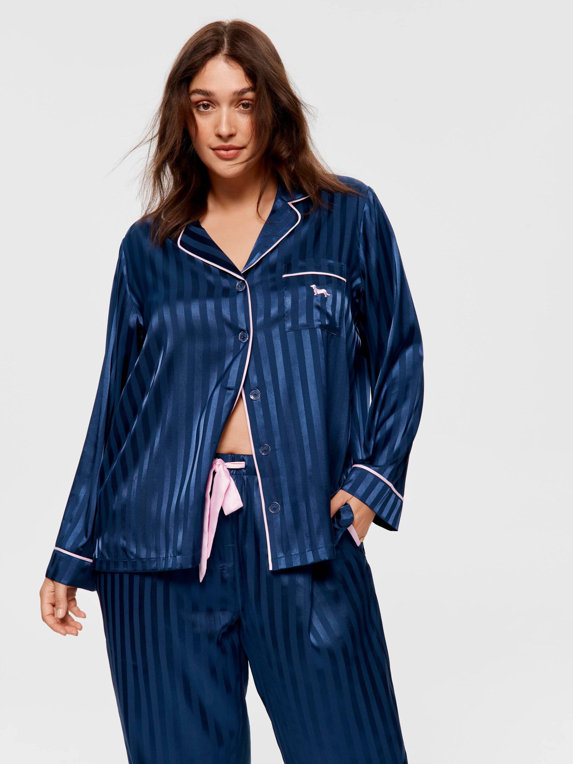 P.A. Plus Navy Stripe Chic Satin Long Sleeve Pj Set Navy Stripe