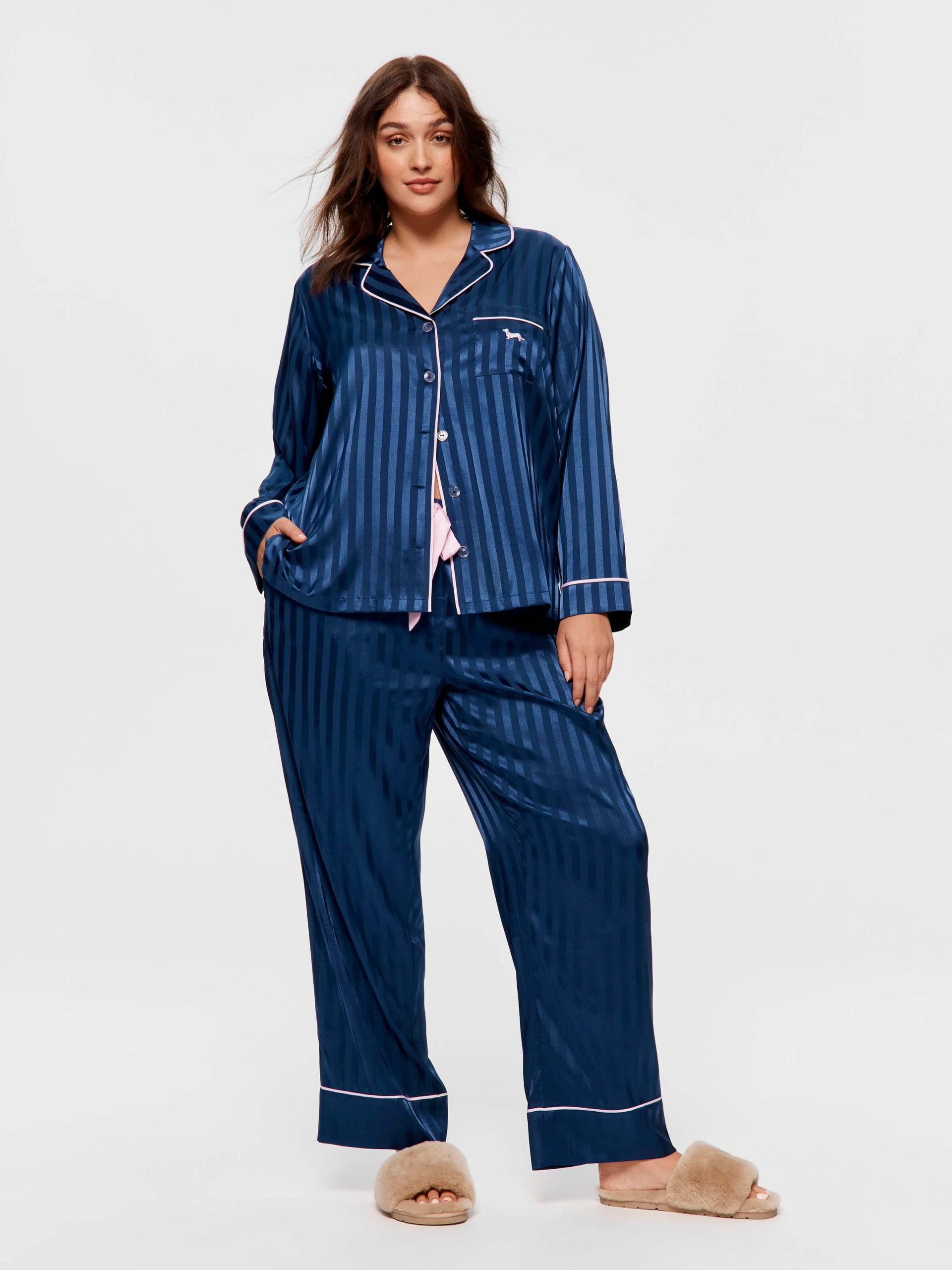 P.A. Plus Navy Stripe Chic Satin Long Sleeve Pj Set Navy Stripe