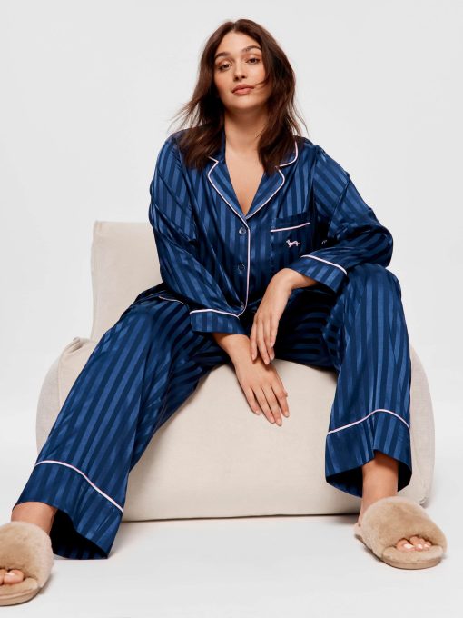 P.A. Plus Navy Stripe Chic Satin Long Sleeve Pj Set Navy Stripe