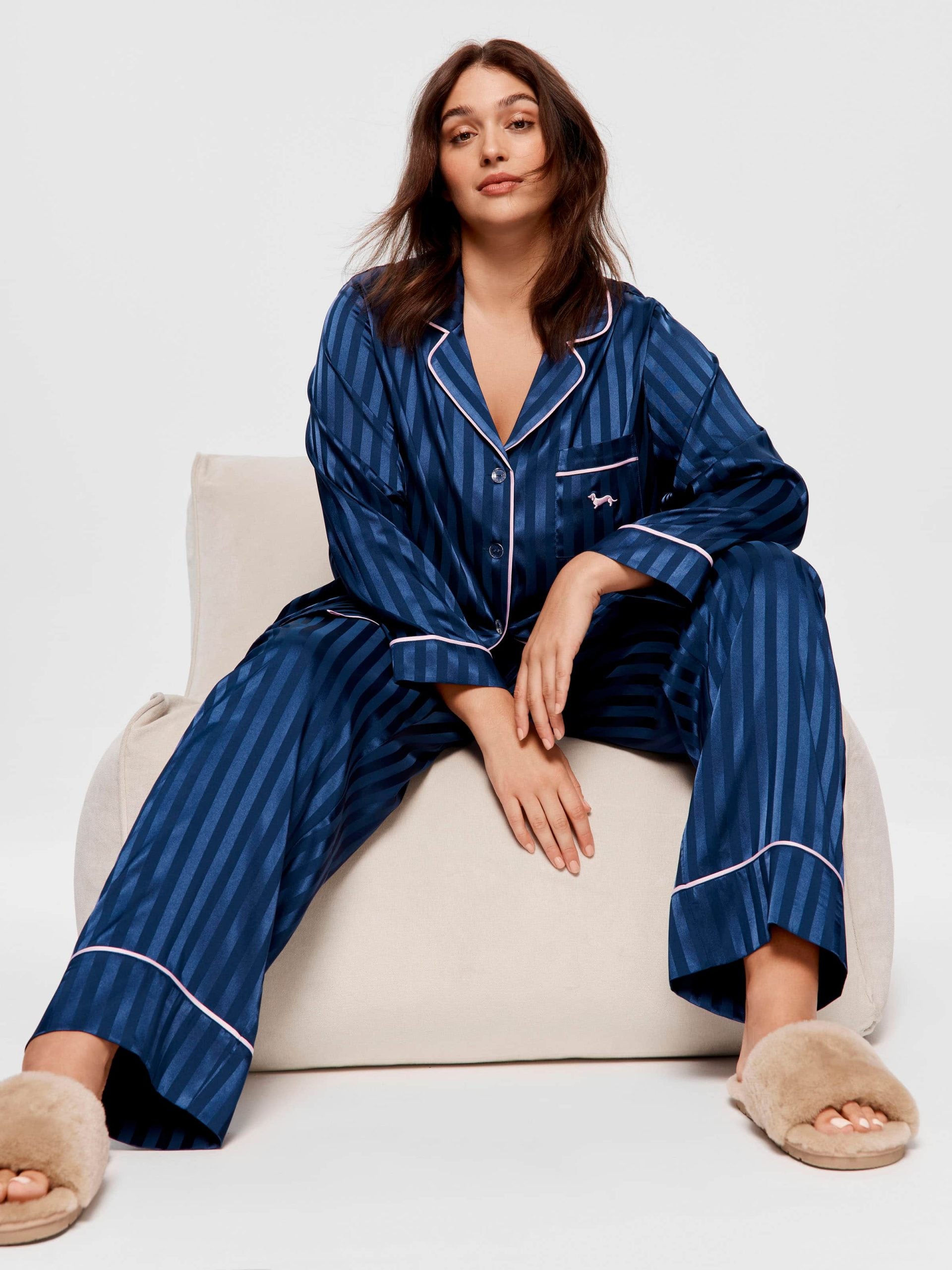 P.A. Plus Navy Stripe Chic Satin Long Sleeve Pj Set Navy Stripe