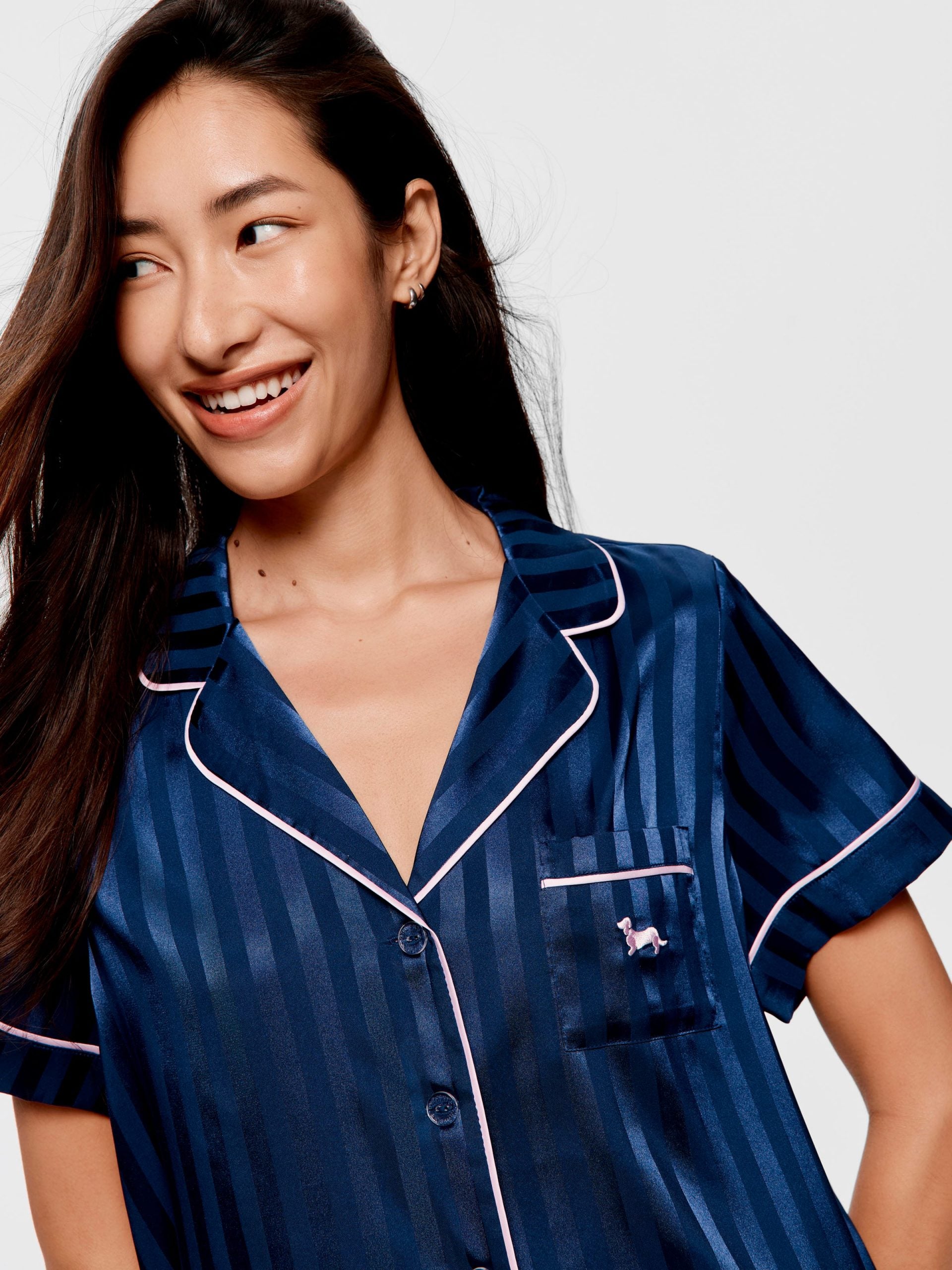 Navy Stripe Chic Satin Shortie Pj Set Navy Stripe