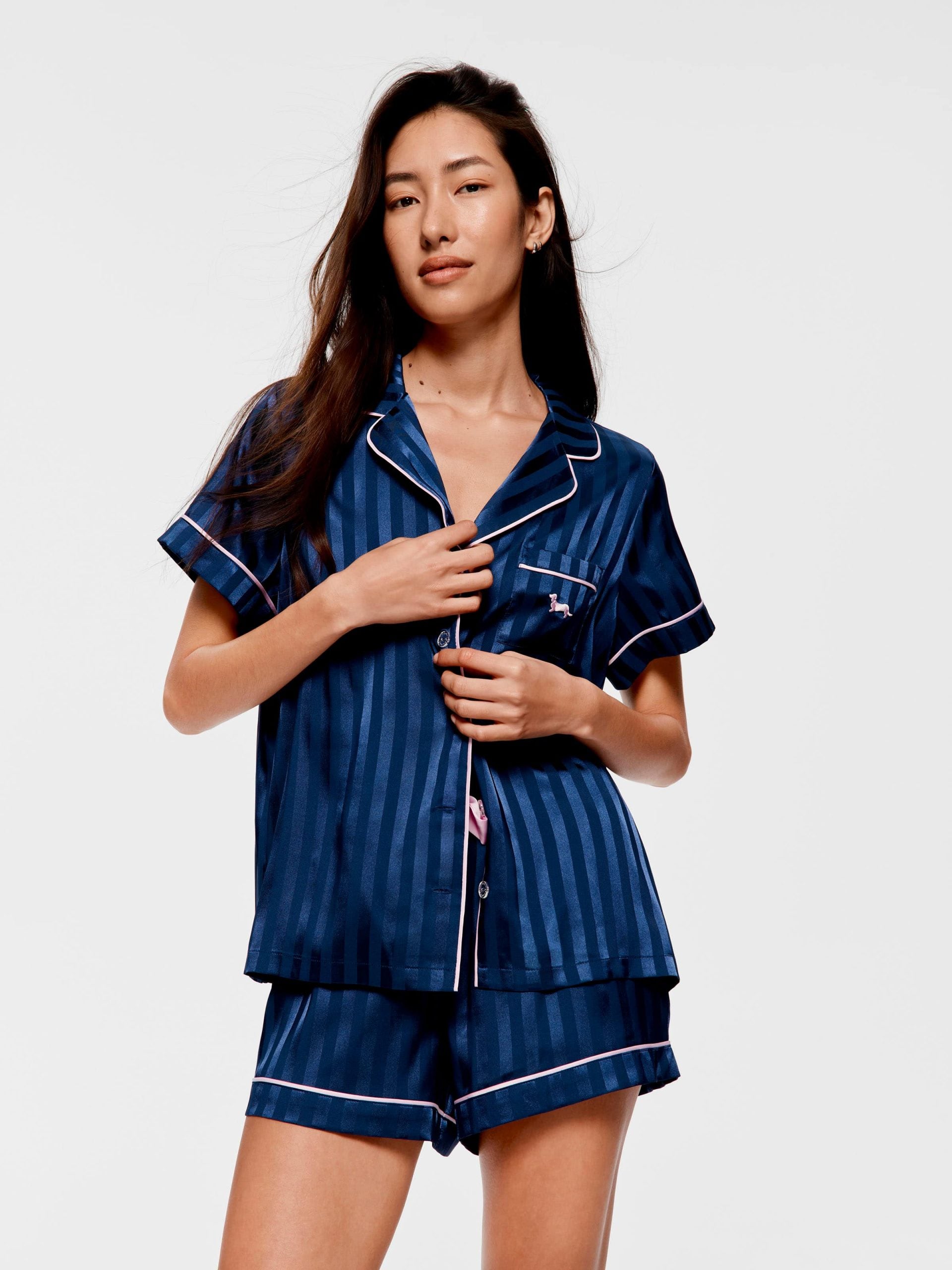 Navy Stripe Chic Satin Shortie Pj Set Navy Stripe