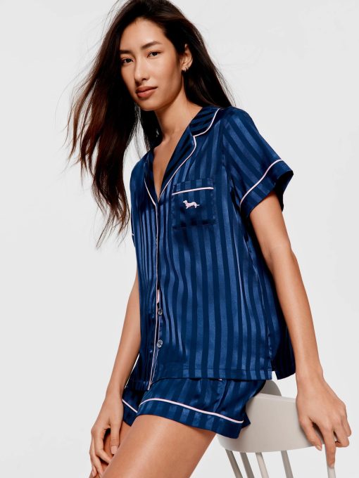 Navy Stripe Chic Satin Shortie Pj Set Navy Stripe
