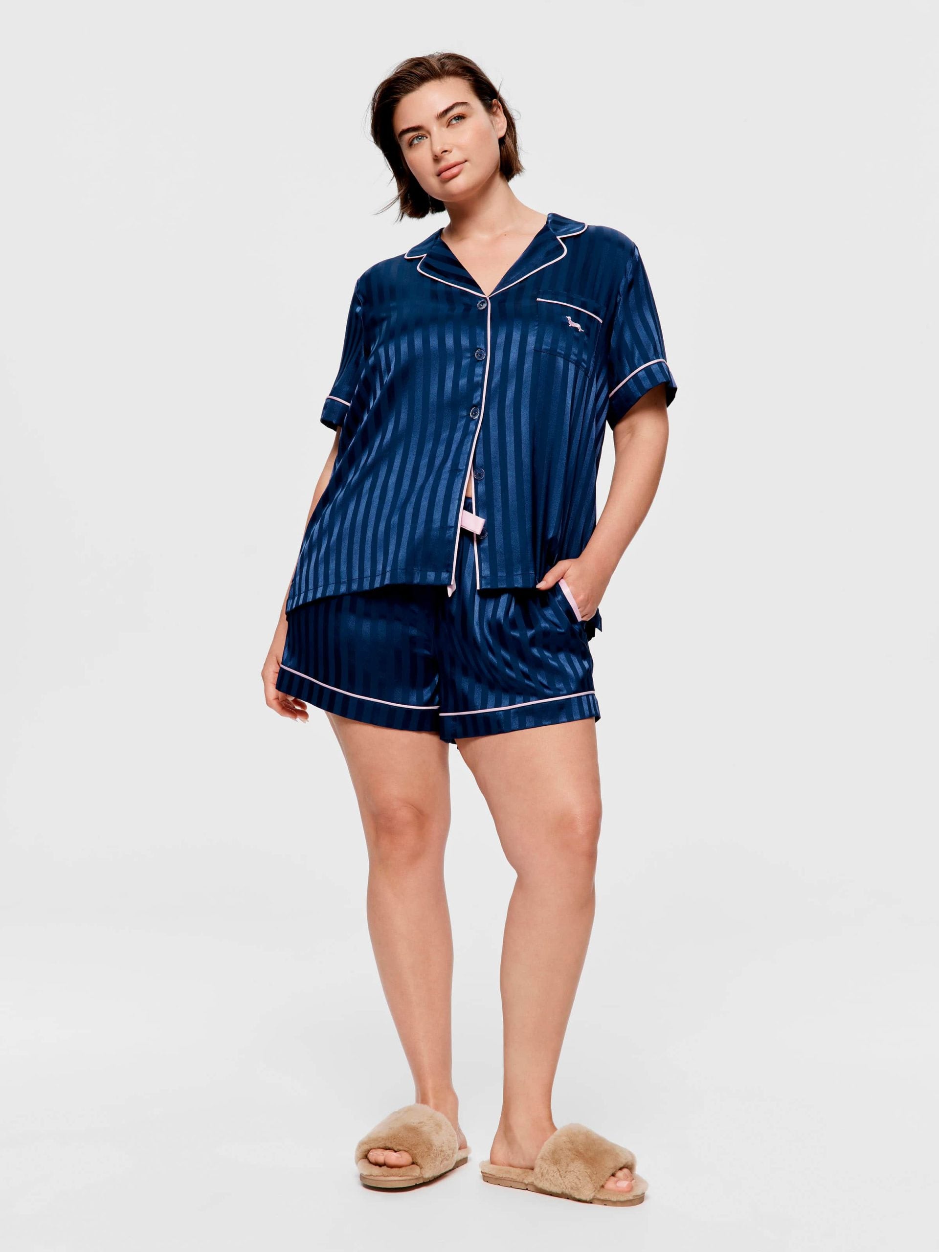 P.A. Plus Navy Stripe Chic Satin Shortie Pj Set Navy Stripe