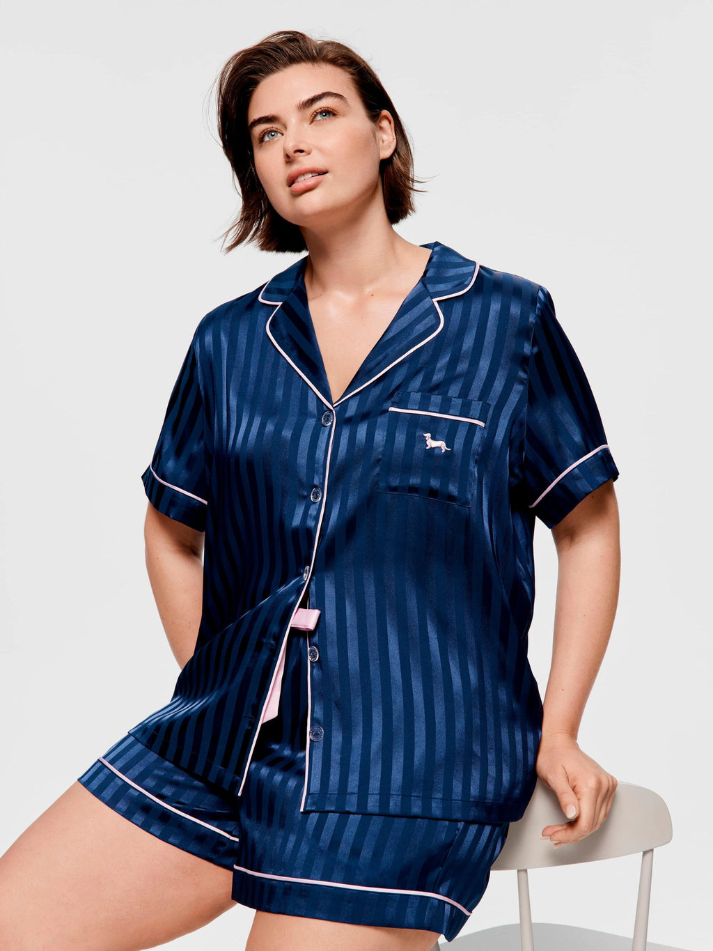 P.A. Plus Navy Stripe Chic Satin Shortie Pj Set Navy Stripe