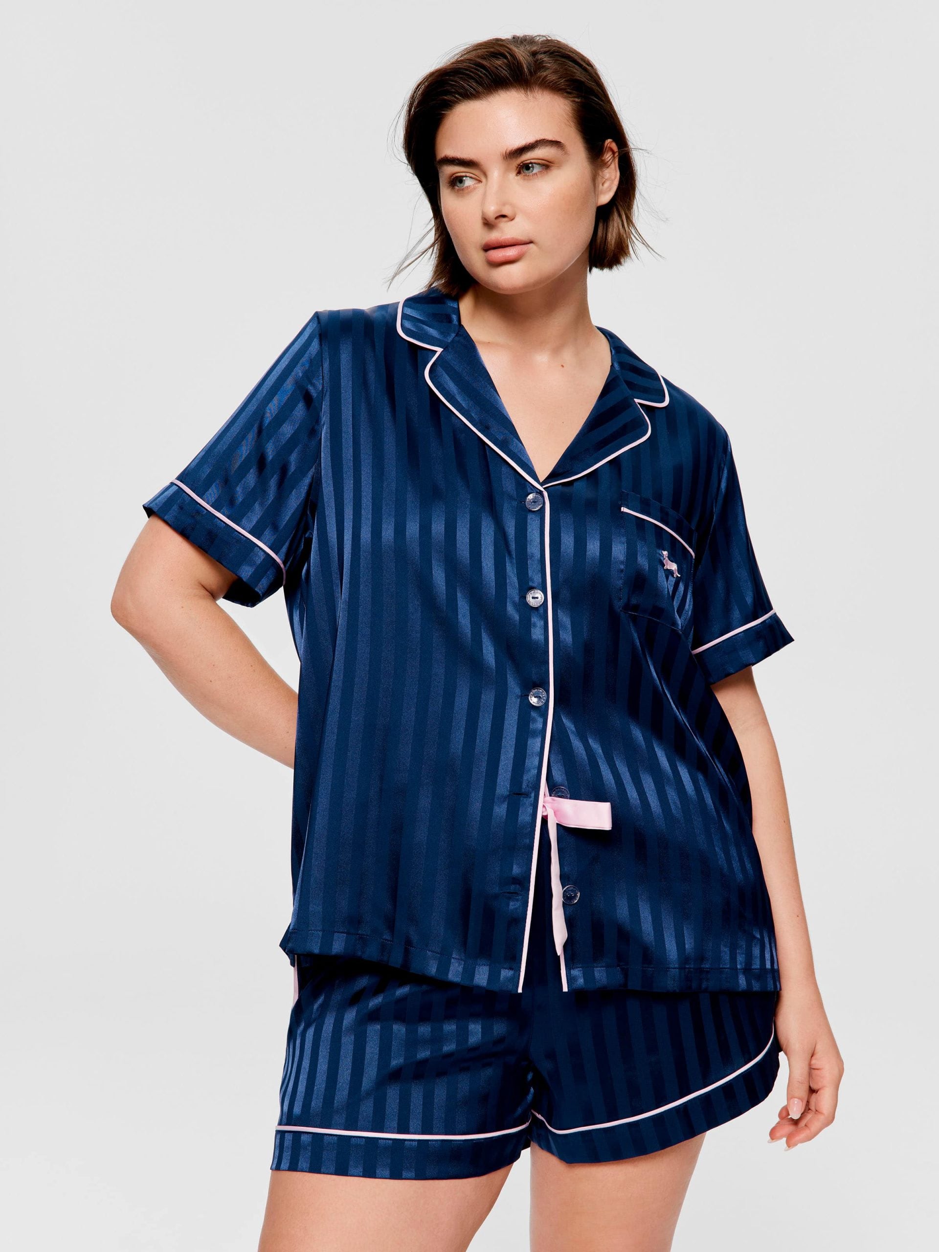 P.A. Plus Navy Stripe Chic Satin Shortie Pj Set Navy Stripe