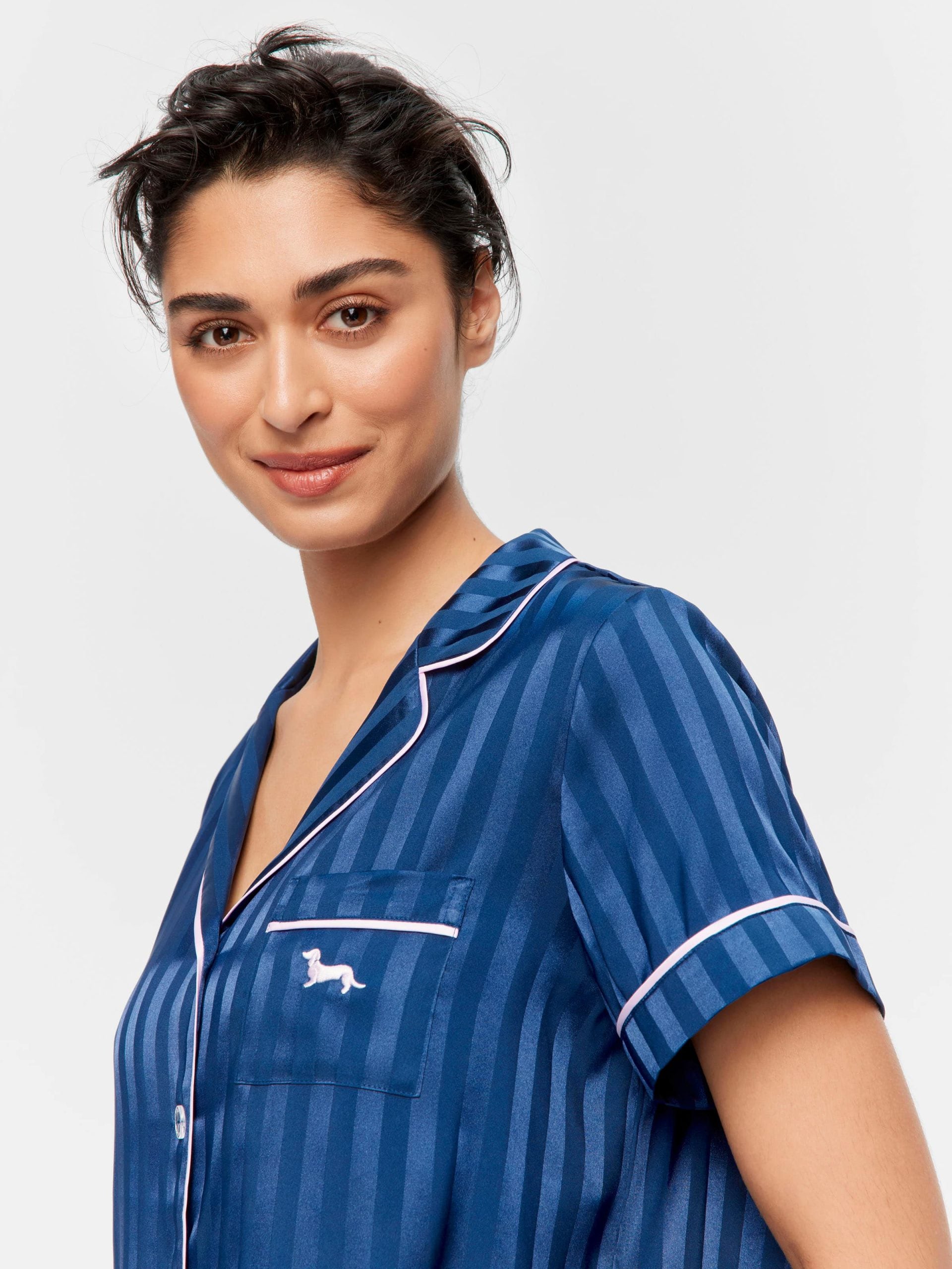 Navy Stripe Chic Satin Short Sleeve &amp; Pant Pj Set Navy Stripe