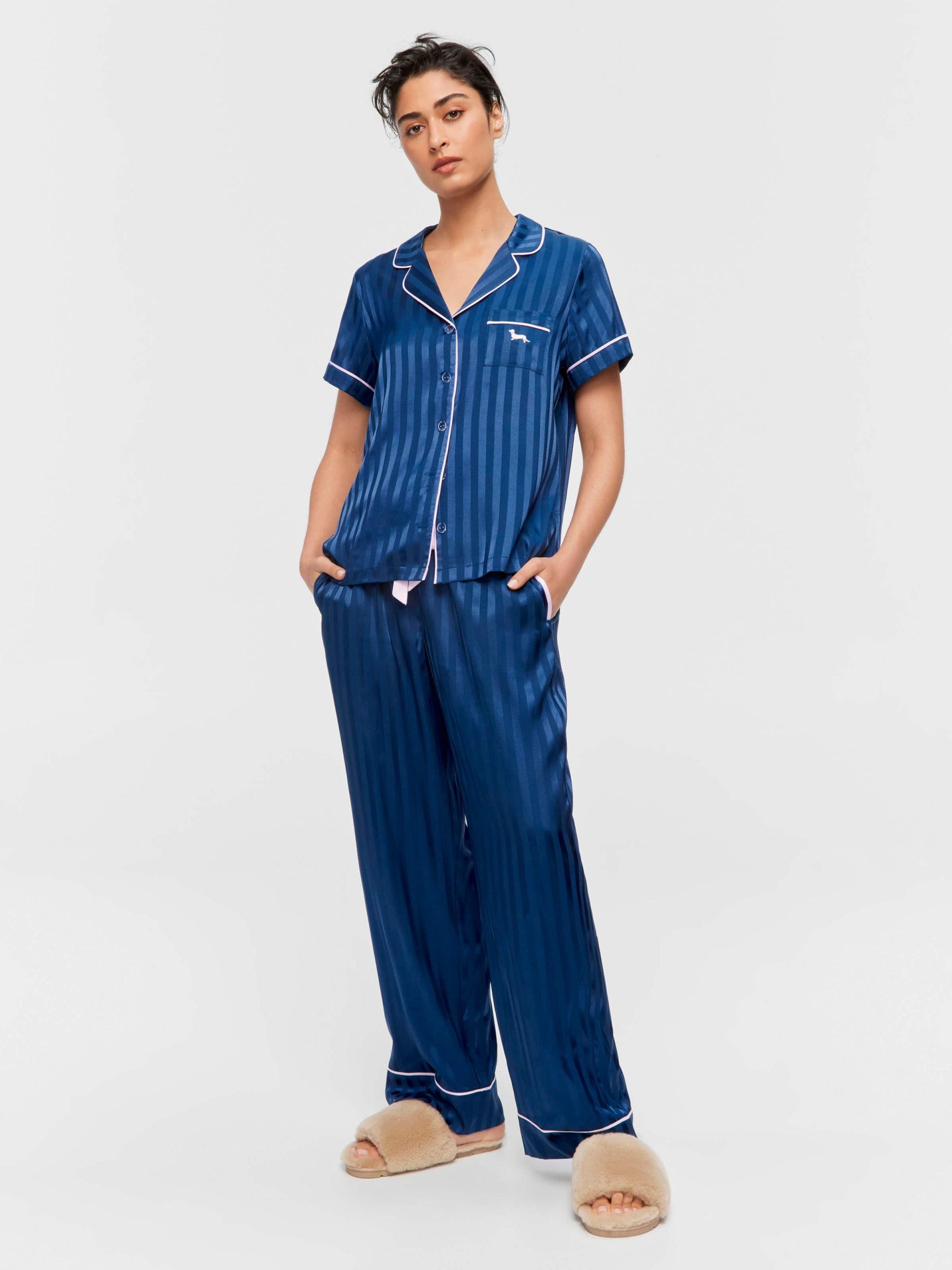 Navy Stripe Chic Satin Short Sleeve &amp; Pant Pj Set Navy Stripe