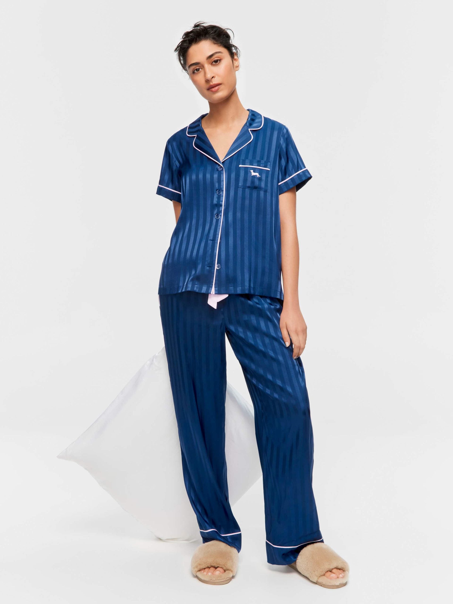Navy Stripe Chic Satin Short Sleeve & Pant Pj Set navystripe