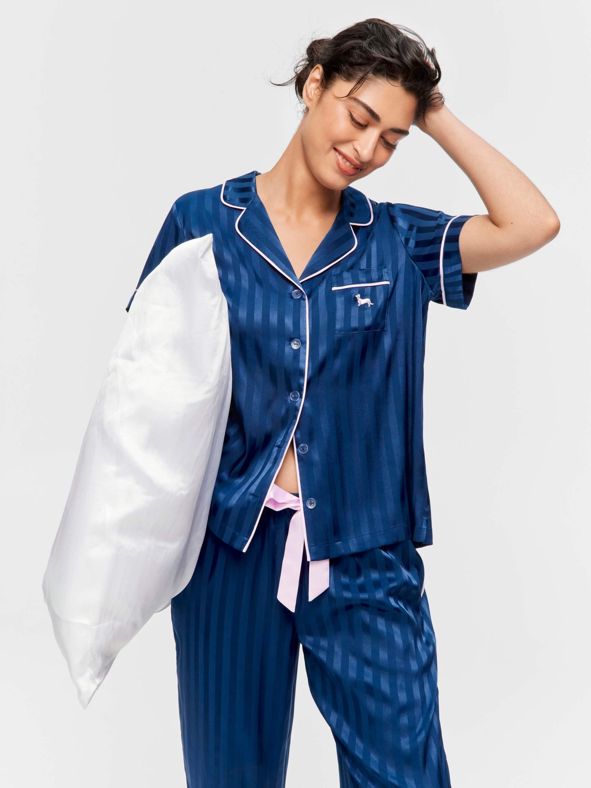 Navy Stripe Chic Satin Short Sleeve &amp; Pant Pj Set Navy Stripe