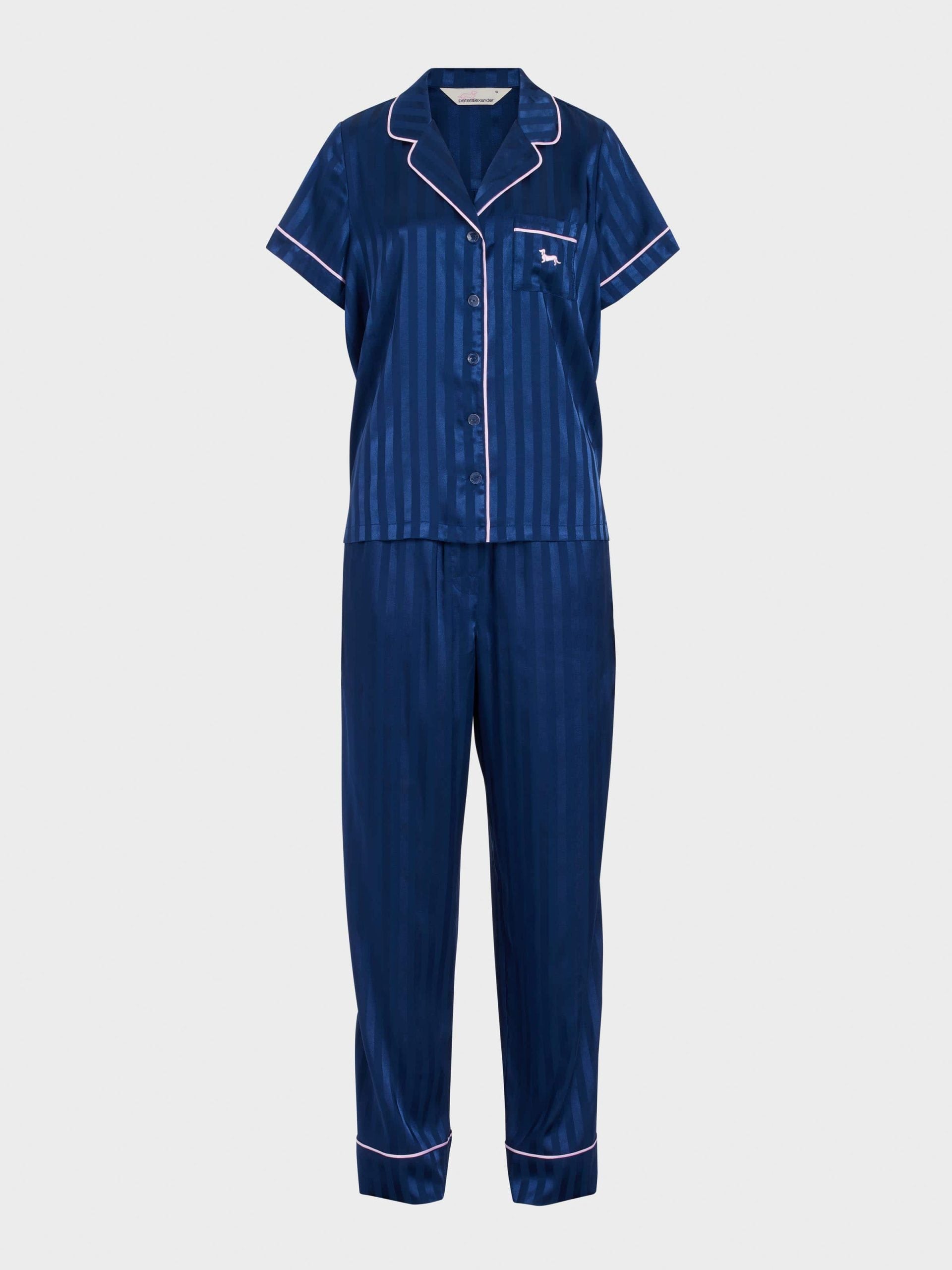 Navy Stripe Chic Satin Short Sleeve &amp; Pant Pj Set Navy Stripe