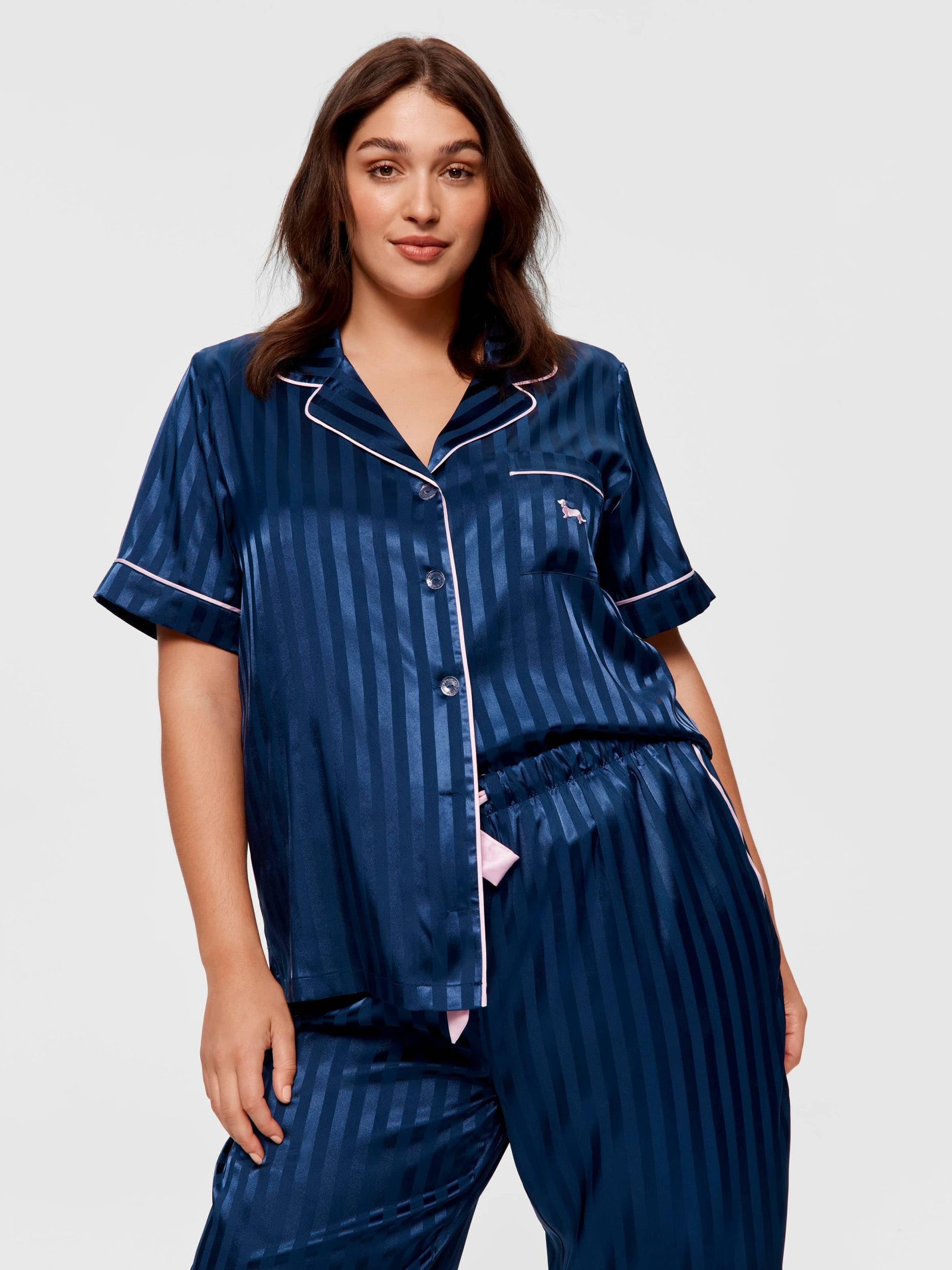 P.A. Plus Navy Stripe Chic Satin Short Sleeve &amp; Pant Pj Set Navy Stripe