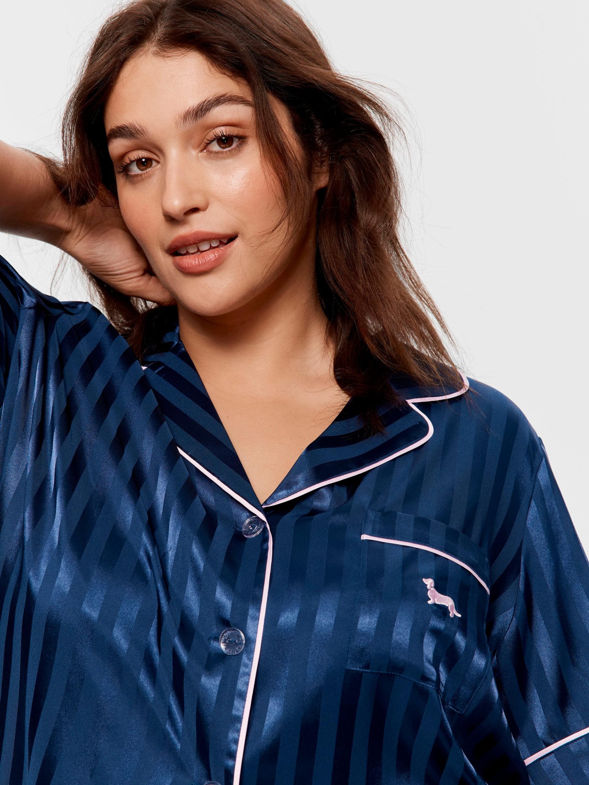 P.A. Plus Navy Stripe Chic Satin Short Sleeve &amp; Pant Pj Set Navy Stripe