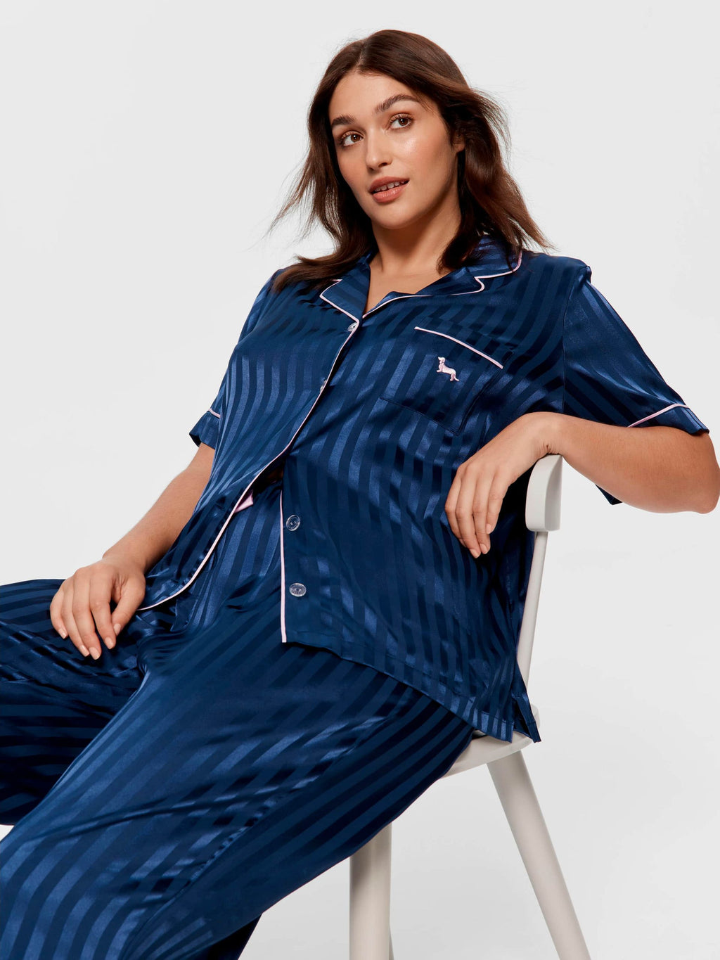 P.A. Plus Navy Stripe Chic Satin Short Sleeve &amp; Pant Pj Set Navy Stripe
