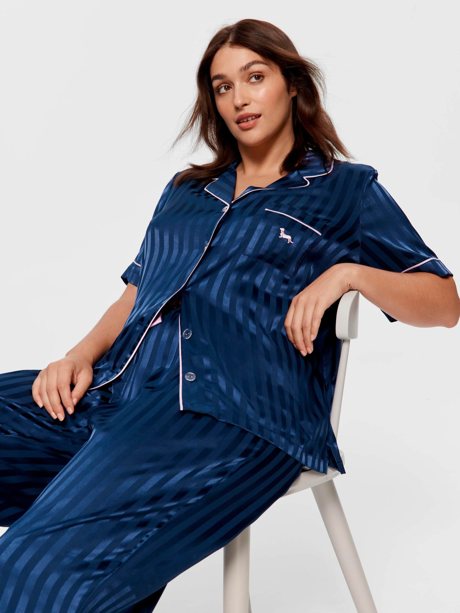 P.A. Plus Navy Stripe Chic Satin Short Sleeve &amp; Pant Pj Set Navy Stripe