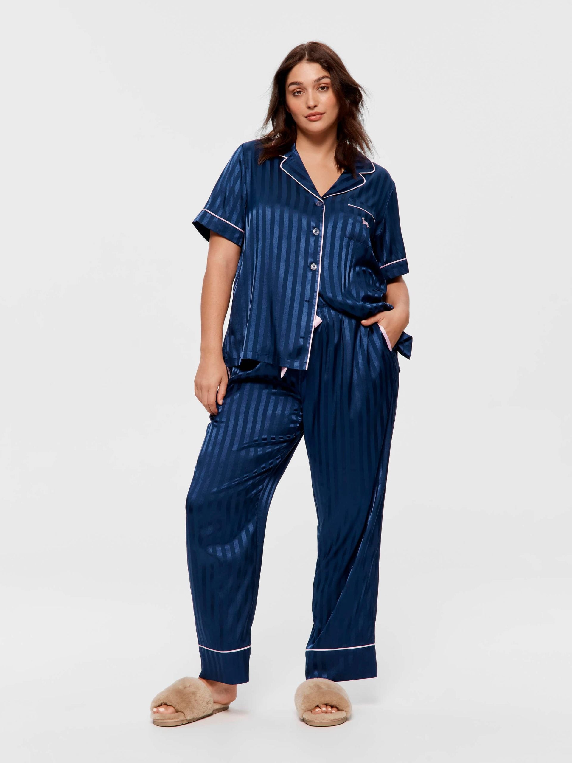 P.A. Plus Navy Stripe Chic Satin Short Sleeve &amp; Pant Pj Set Navy Stripe