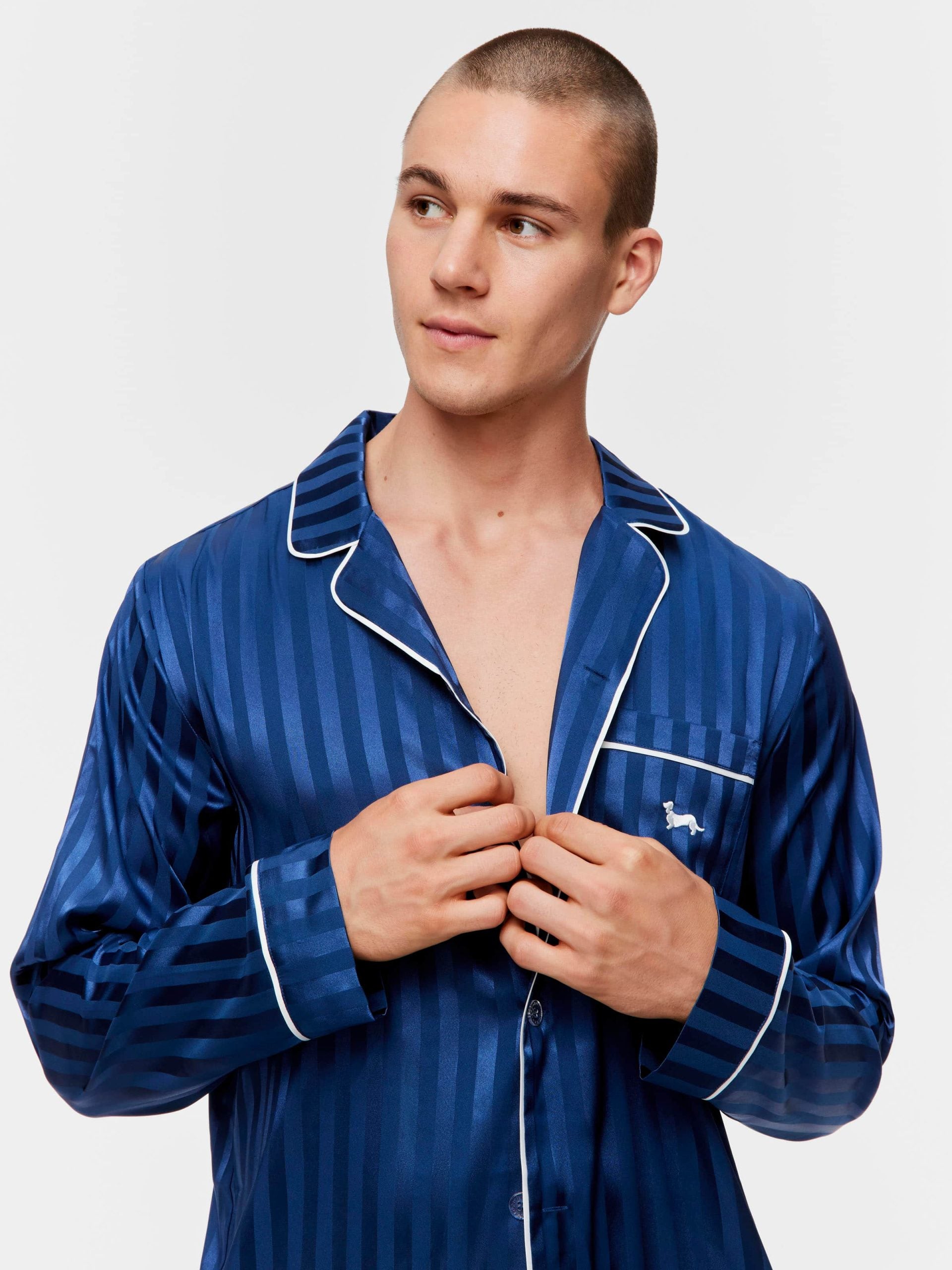 Navy Self Stripe Long Sleeve Satin Set navystripe