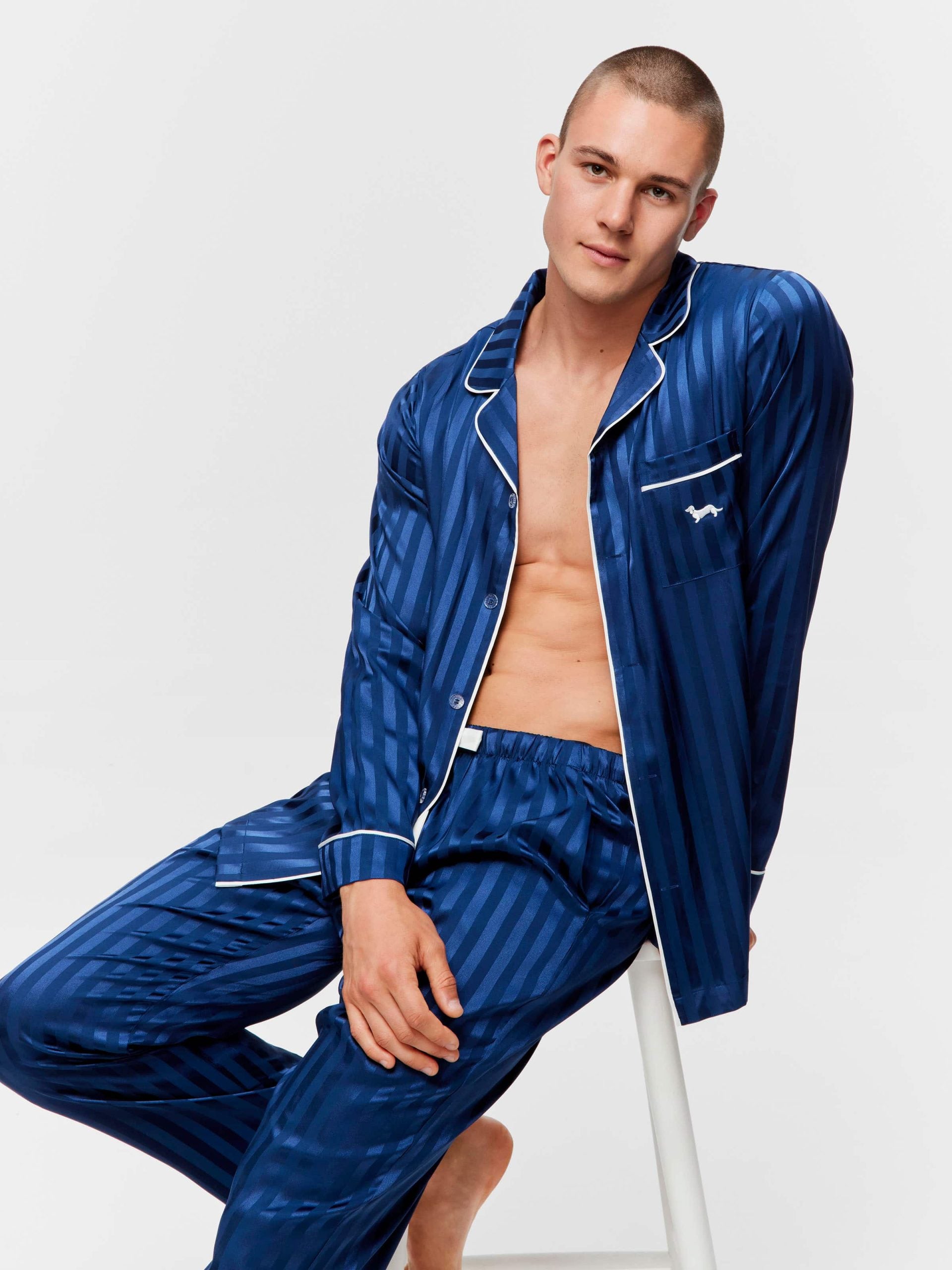 Navy Self Stripe Long Sleeve Satin Set navystripe