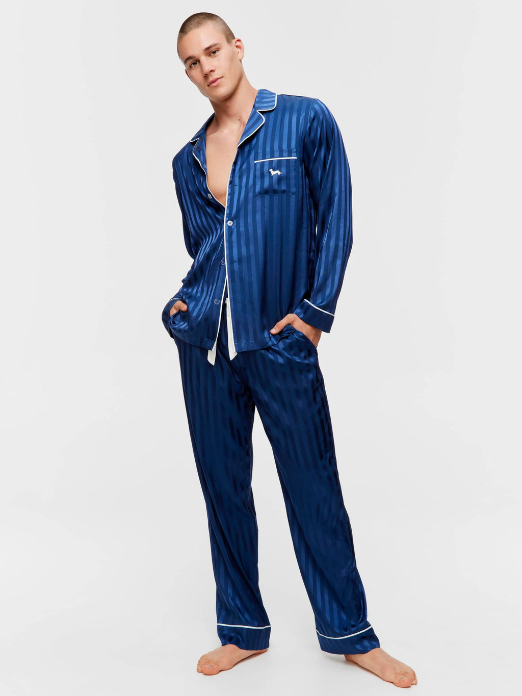 Navy Self Stripe Long Sleeve Satin Set navystripe