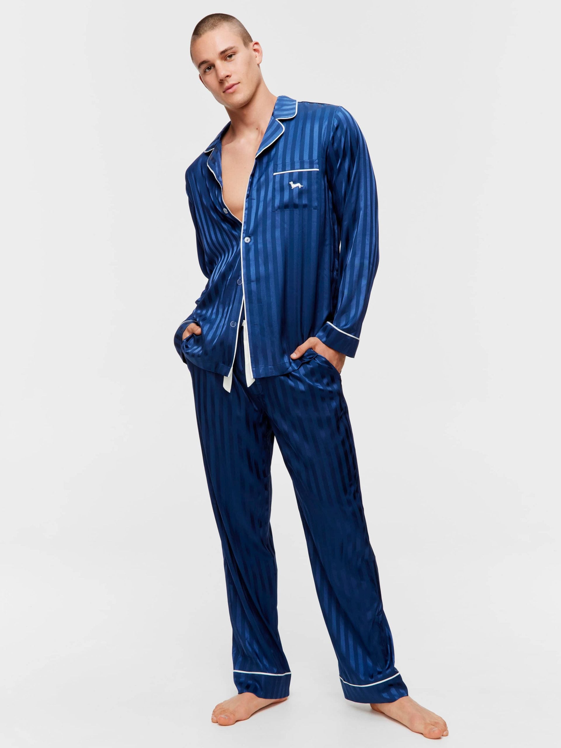 Navy Self Stripe Long Sleeve Satin Set navystripe