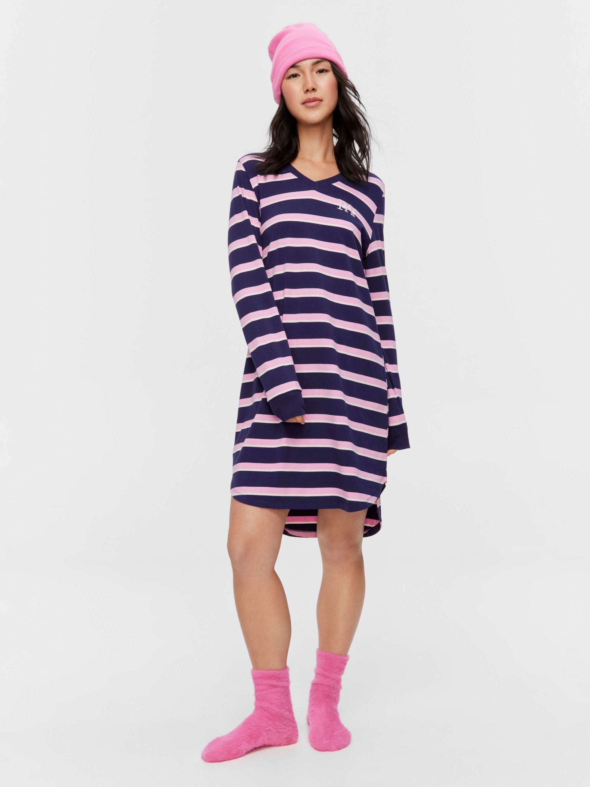 Stripe V Neck Long Sleeve Nightie multi