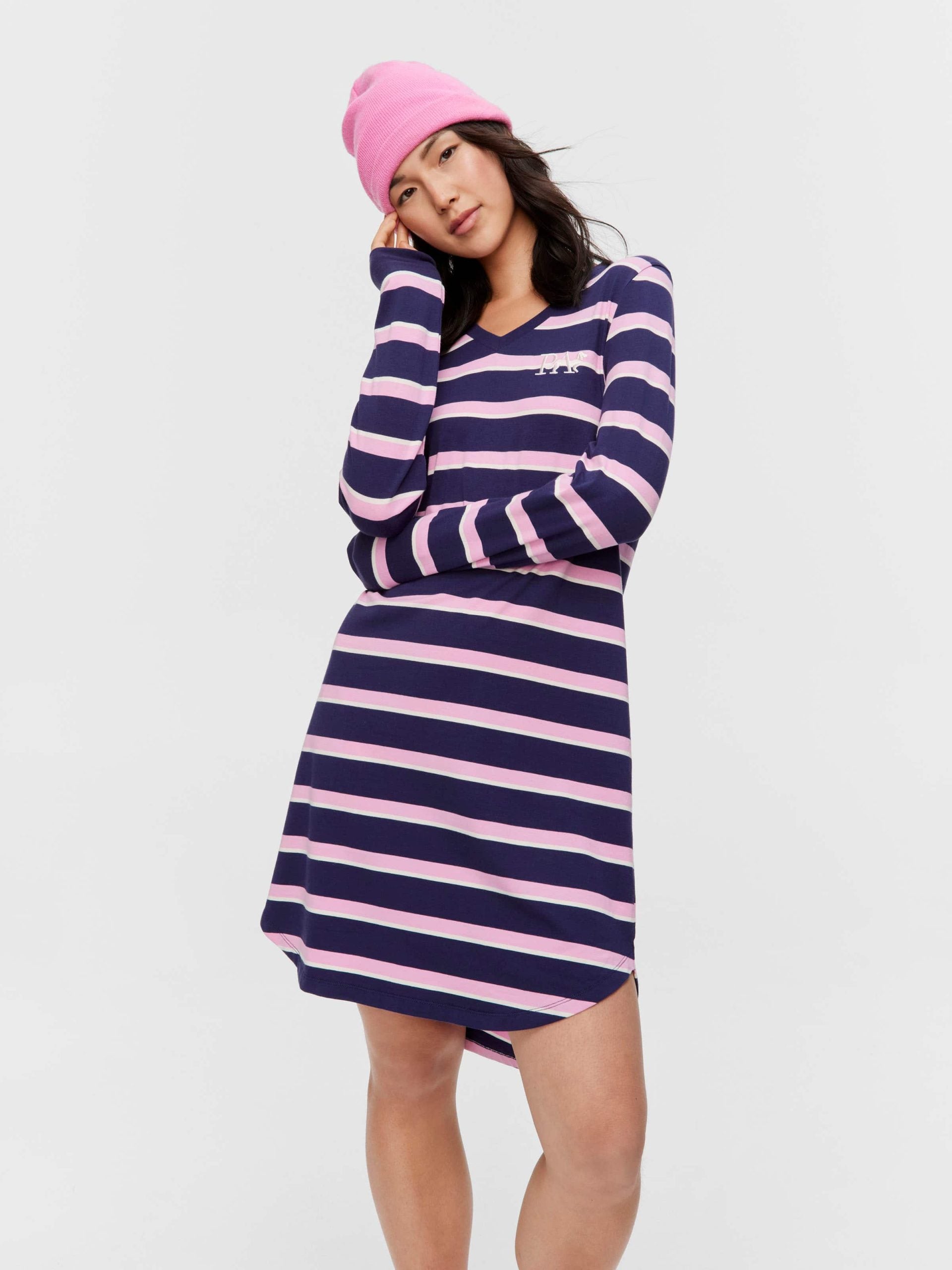 Stripe V Neck Long Sleeve Nightie multi