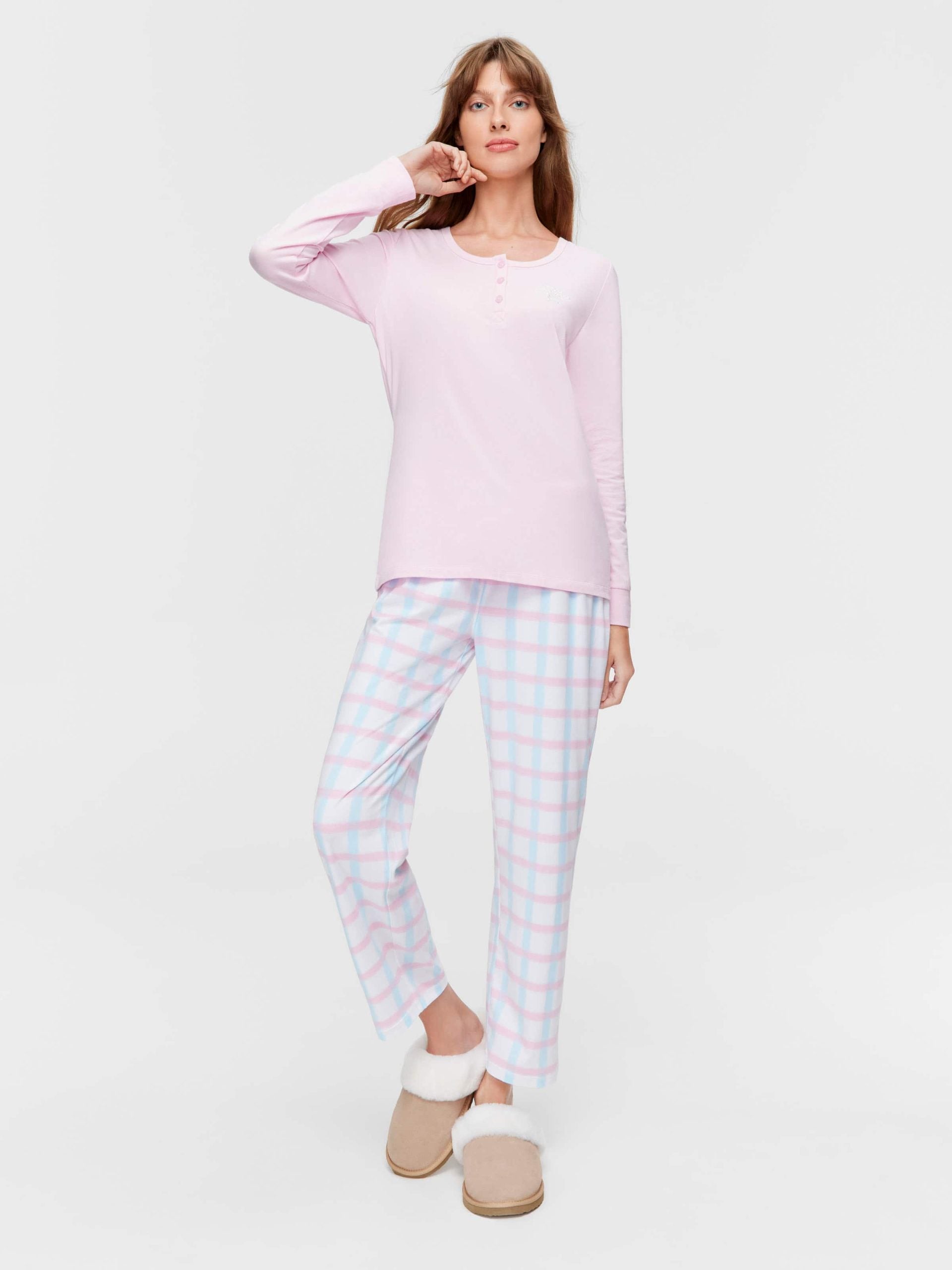 Pink Henley Long Sleeve Top pink